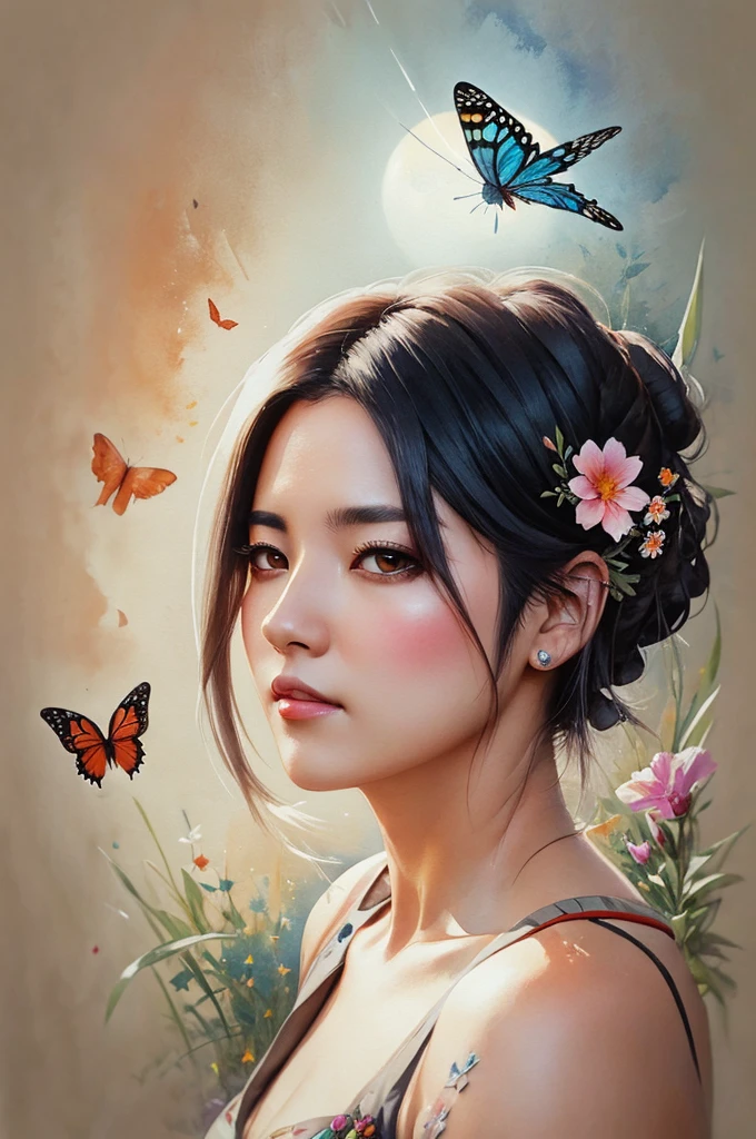 female tattoo with moon planets butterfly and flowers, golden ratio, fake detail, trending pixiv fanbox, acrylic palette knife, style of makoto shinkai studio ghibli genshin impact james gilleard greg rutkowski chiho aoshima