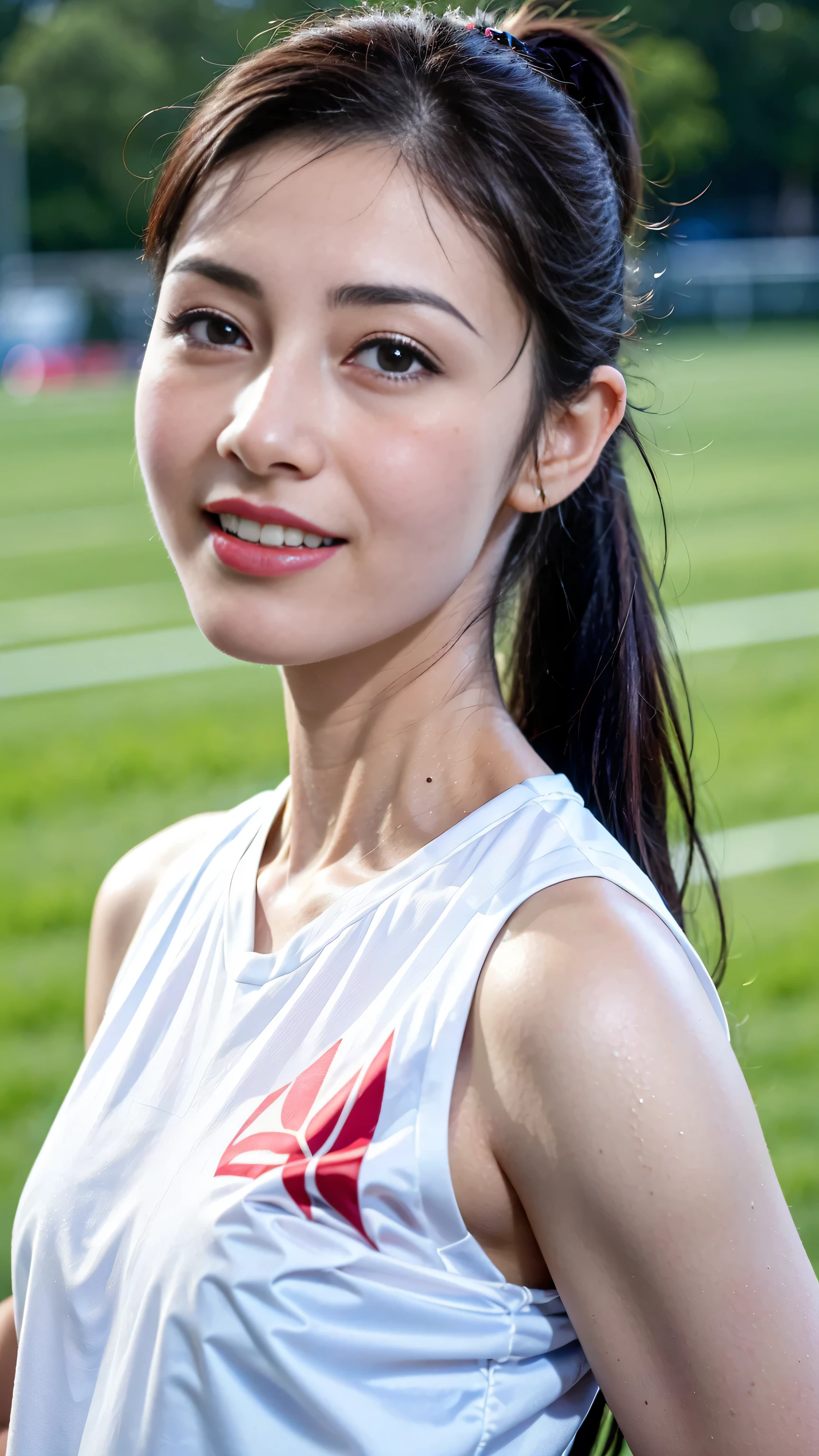 ((​Masterpiece, Top image quality, high resolution、alone、、sleeveless on land、track and field athlete、high ponytail hairstyle、not wearing anything、Whole BodyEsbian、a smile、smile slightly、Tekaka skin、shiny skin))、Sweaty face、Latino, puberty, Covered in sweat、red lipstick、((Evenly soaked with sweat))，((face close-up))，((Face it positively))