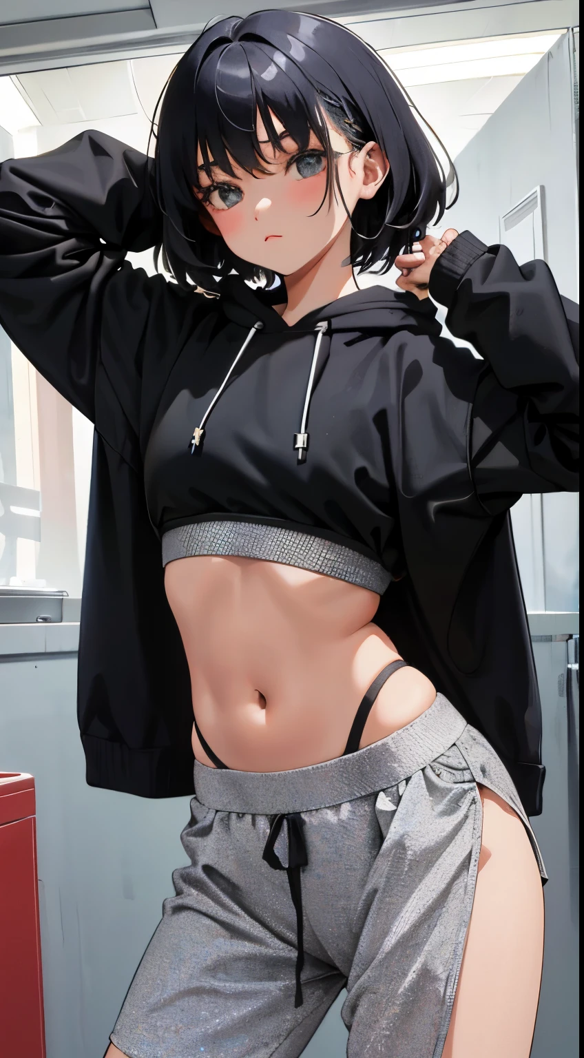 ((masterpiece, best quality)), 8k, akira v4, 1 girl, mouth hold, (black shirt: 1.1), black hair, navel, white bra,