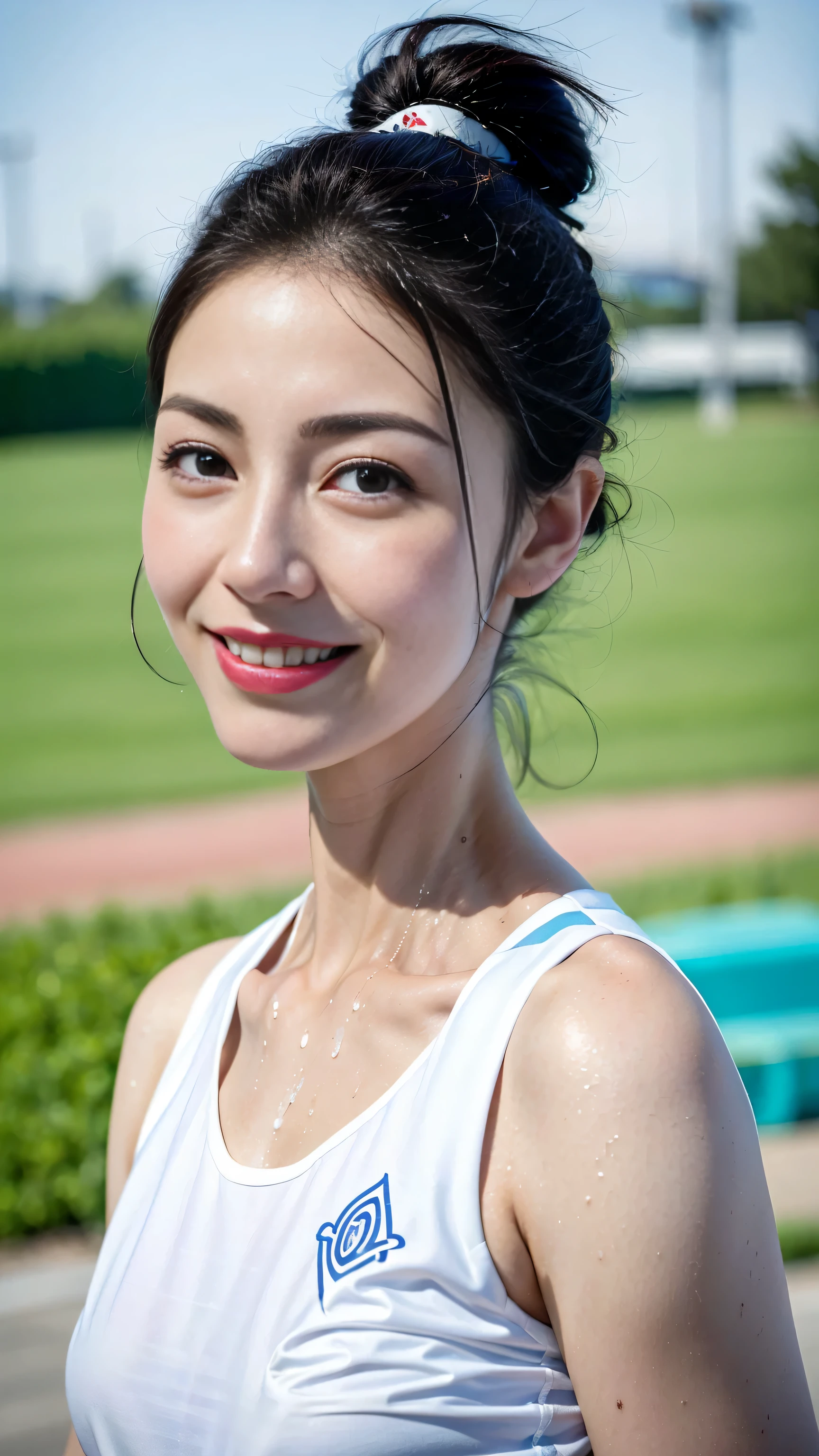 ((Masterpiece, Top image quality, high resolution、alone、、sleeveless on land、track and field athlete、high ponytail hairstyle、not wearing anything、Whole BodyEsbian、a smile、smile slightly、Tekaka skin、shiny skin))、Sweaty face、Latino, puberty, Covered in sweat、red lipstick、((Evenly soaked with sweat)),((face close-up)),((Face it positively))
