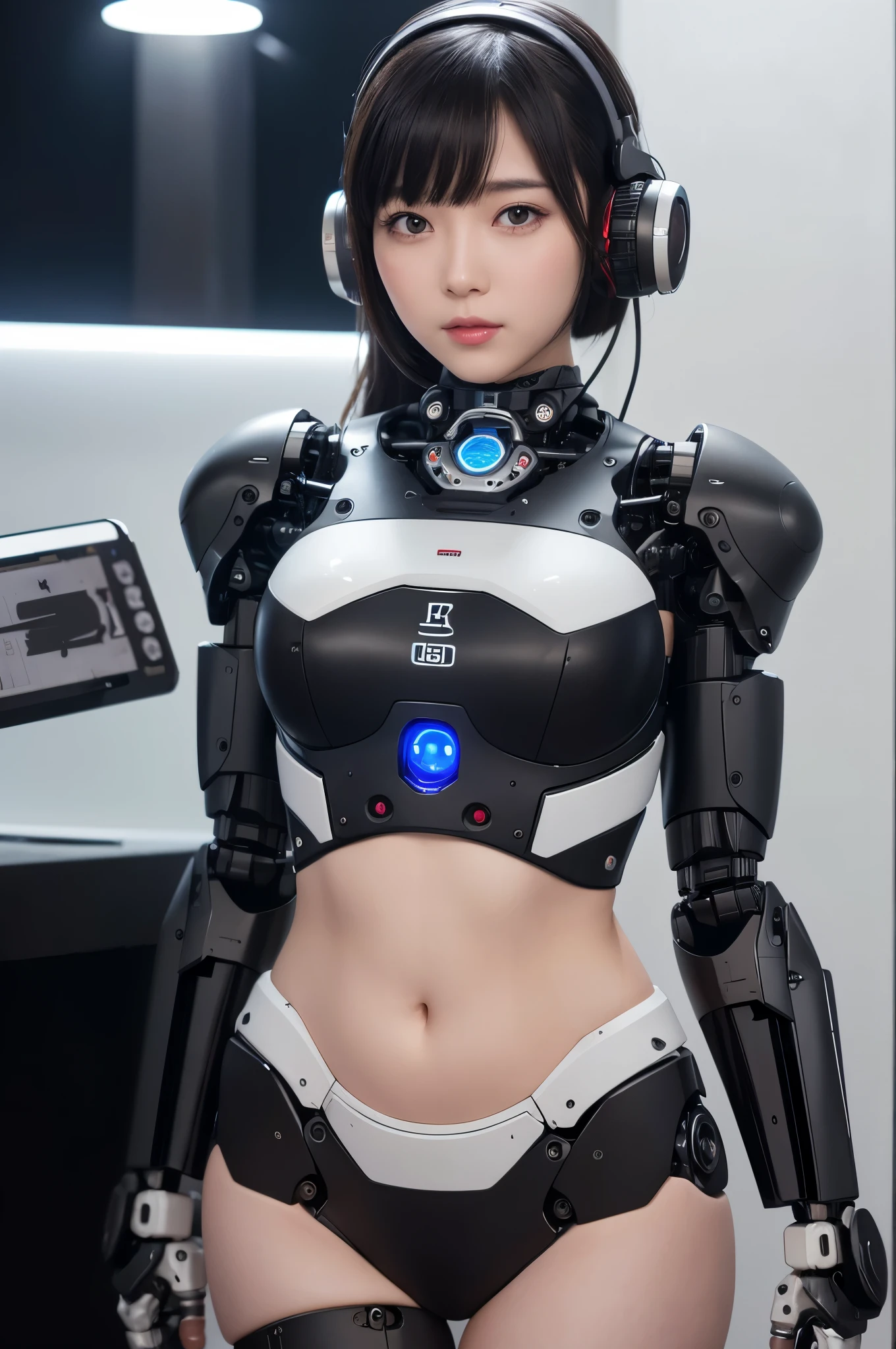 (photorealistic:1.4), (RAW photo)masutepiece, Best Quality, Extremely detailed, (Photorealistic:1.4), (8K, 4K, Best Quality, hight resolution, 超A high resolution:1.1), 8K portrait,1woman in, Japaese android woman,Plump , announcer,control panels,android,Droid,Mechanical Hand, ,Robot arms and legs, Black hair,Mechanical body,Blunt bangs,White Robotics Parts,perfect robot woman,Charging spot,Long Tube,A thick cable was connected to her neck,ceramic body ,Mechanical body, mechanical ear covers,android,robot humanoid,a bit chubby,panty,full eyes,She is exhibits,perfect mechanical body,white robotics body,future laboratory,mechanical ear cover,