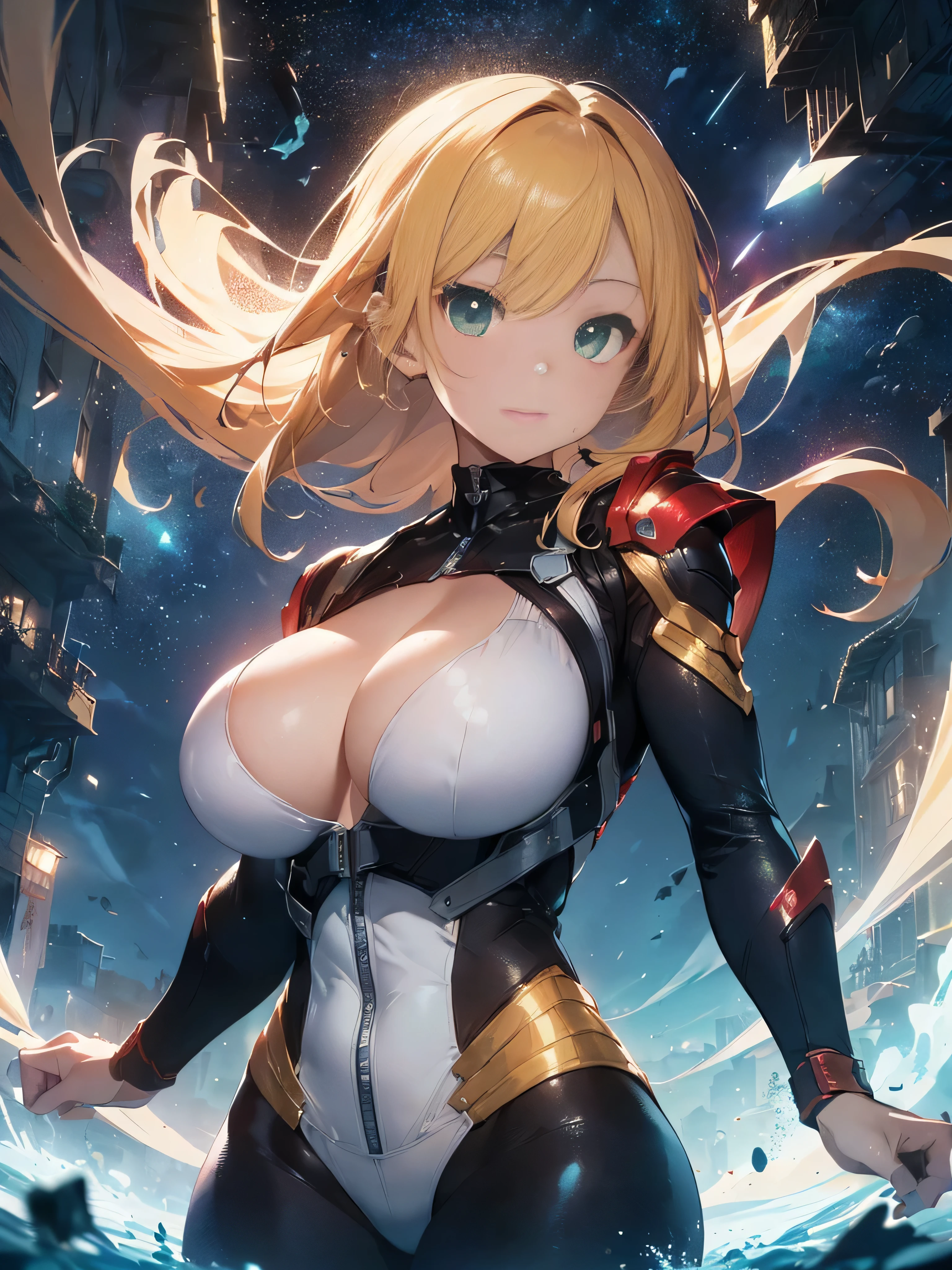 最high quality、best image quality、masterpiece、Android Beauties((20-year-old、red, black, red and white glowing cybersuit、Blue energy source for the chest,vest bust、((huge breasts:1.4))、Blonde Away Tail、bluish green eyes、Open your chest wide、valley、happiness、thin、mysterious face、Drifting in the air,particles of light、Sharp claw arm,battered body、middle、shining eyes、Hold out your hands)）high quality、beautiful art、With background((Mysterious、Fantastic Universe))、Masseter muscle part、elaborate design、visual art、Theatrical films