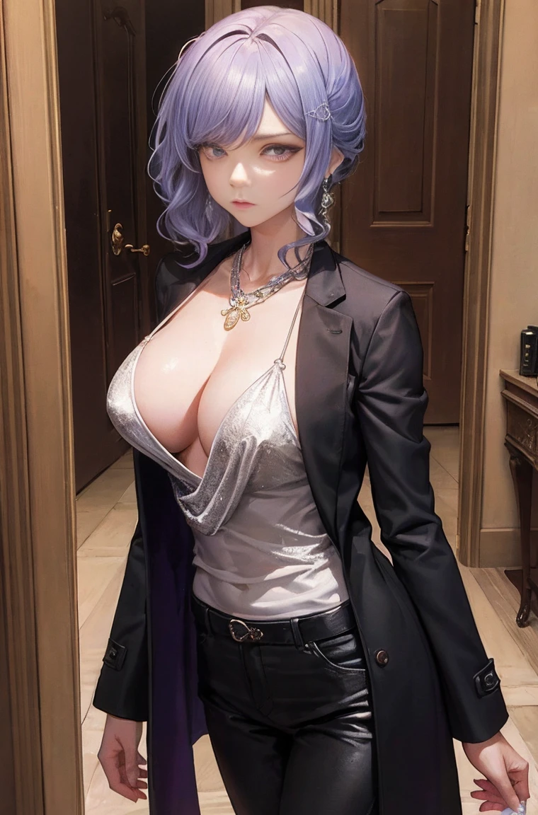 (masterpiece, highest quality:1.2), figure, 8K, HD, 1 girl, alone, (((gray hair, purple eyes, black coat))), big breasts, black pants, short hair, indoors, arles suit, serious expression, expensive, mature, elegant