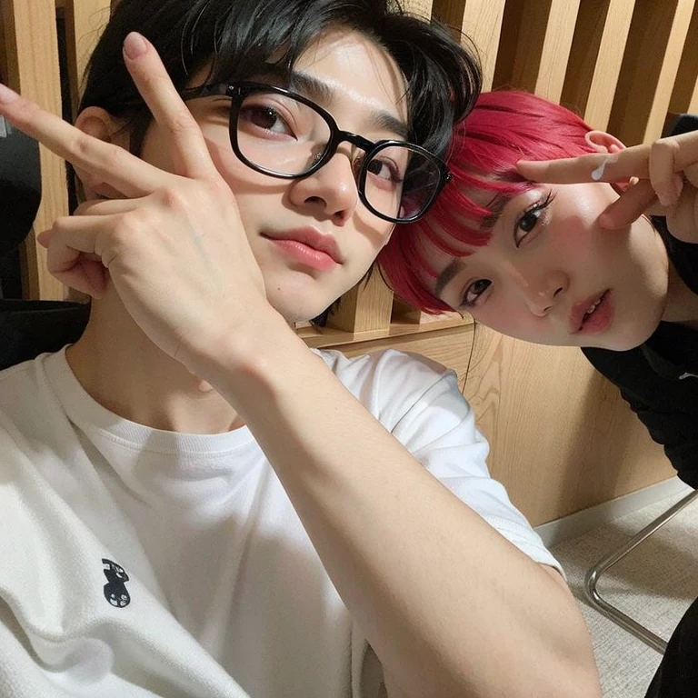 There are two people who are posing for a photo together., kda y sam que, kim doyoung, Jinyoung Shin, kda, nixeu y sakimichan, cai xukun, todos del grupo nct, artista desconocido, Jung Jaehyun, jaeyeon nam, jia, TaeJune Kim, con cabello rosado, sha xi, hyung tae, con negro