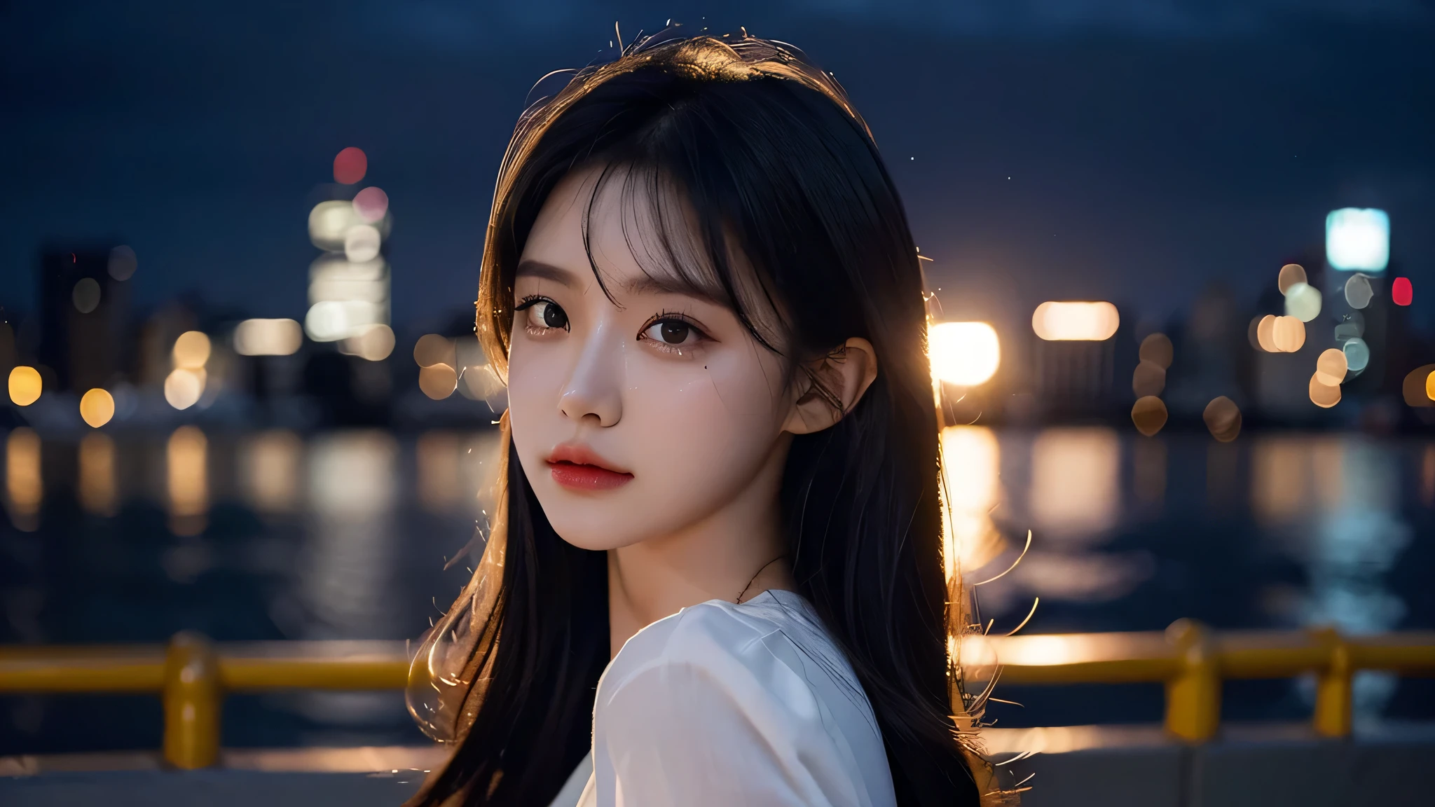 1 girl, (view viewer:1.2), Detail making, (A girl stands, Tears of CG Club, Black tones, Streaming, new york backdrop), , Atmospheric, (original photo, best quality), (actual, lifelike:1.3), masterpiece, extremely delicate and beautiful, Very detailed,