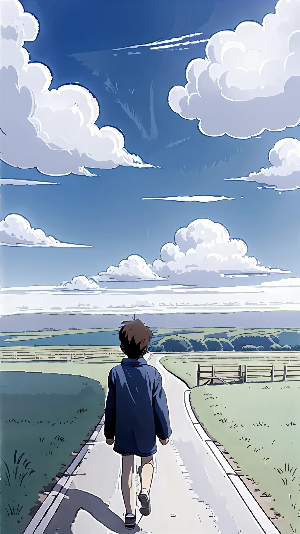 (minimalism:1.4), a boy on the road, Studio Ghibli art, Miyazaki, pasture with blue sky and white clouds