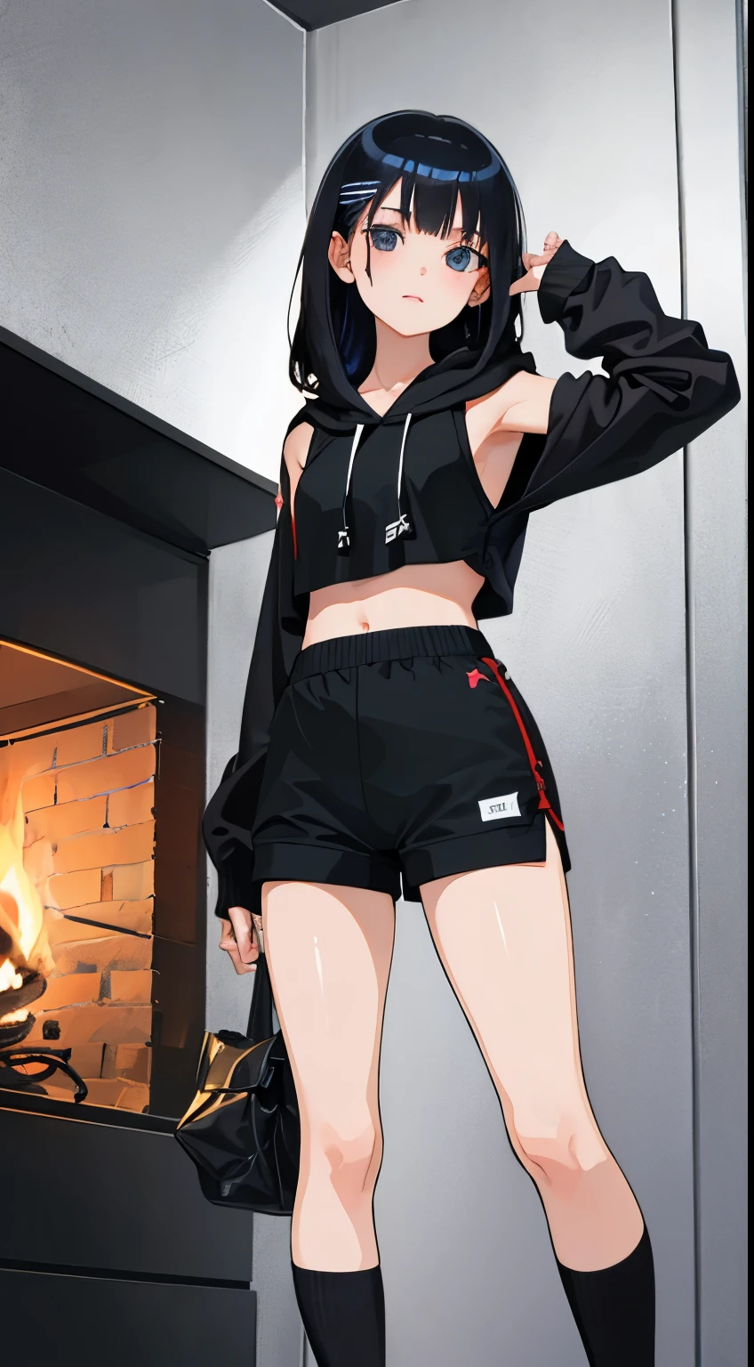 (short cute girl, young studeg delicate girl),(masterpiece,Top quality),Big hoodie,hot pants,long black hair