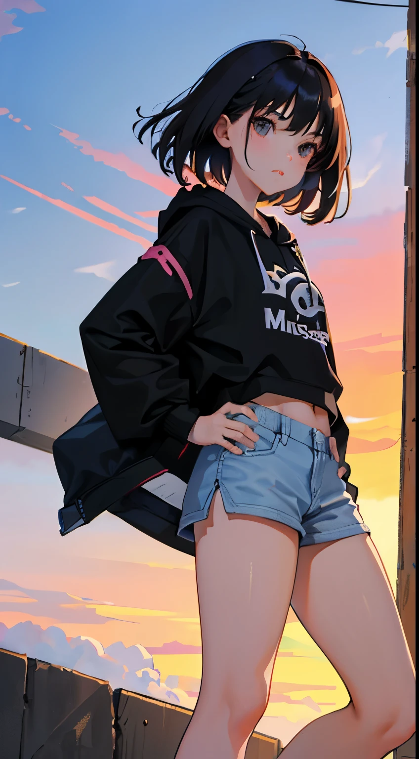 (short cute girl， young studeg delicate girl）,（masterpiece，Top quality)，Big hoodie，hot pants，long black hair