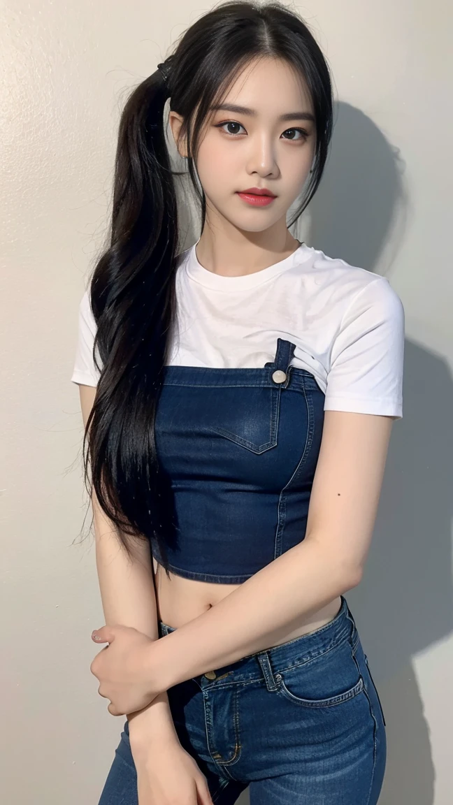 1girl, solo, long_hair, breasts, looking_at_viewer, blue_eyes, shirt, black_hair, hair_ornament, closed_mouth, upper_body, ponytail, short_sleeves, pants, shadow, expressionless, denim, jeans