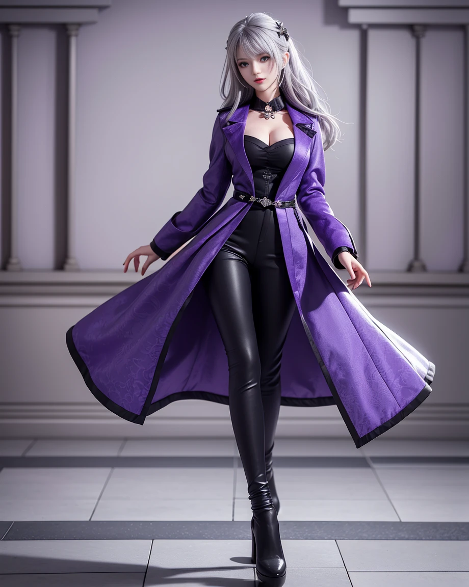 (masterpiece, highest quality:1.2), figure, 8K, HD, 1 girl, alone, (((gray hair, purple eyes, black coat))), big breasts, black pants, short hair, indoors, arles suit, serious expression, expensive, mature, elegant