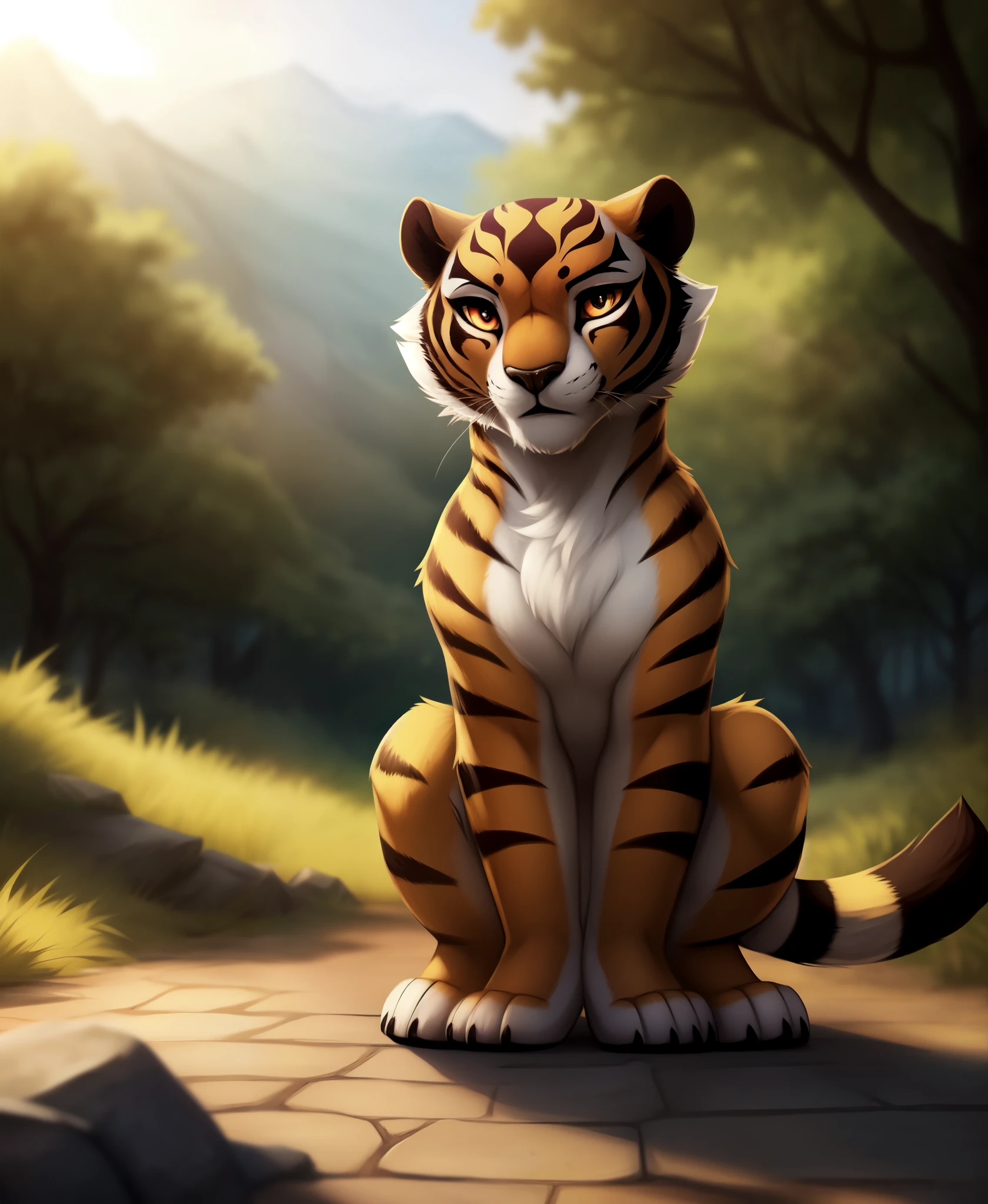 (by kilver), (by canxue), (by yuris (artist)), (by skyline comet), (by pestil),, solo,female (cute:1.1) master tigress, anthro fullbody, anthro full body, detailed background, outdoors, cinematic lighting, animated movie, artistic, 8k hd, photo, photoreal, (detailed fur:1.3) (furr detail, fluffy:1.3), (big detailed red eyes, yellow sclera:1.2),, depth of field,, 