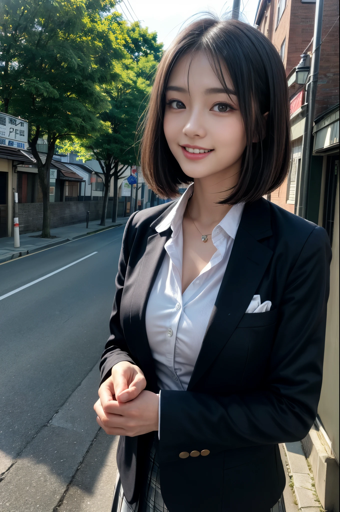 ((masterpiece), (high resolution 8K)), photo realistic, Japanese girl, (stunning face, detailed eyes and face, shiny skin), teens, smile, (bob cut), (school uniform, blazer), turn around, (hands on chest), (half body), from front, (townscape, sidewalk, telephone pole, street trees), daytime, (professional lighting)