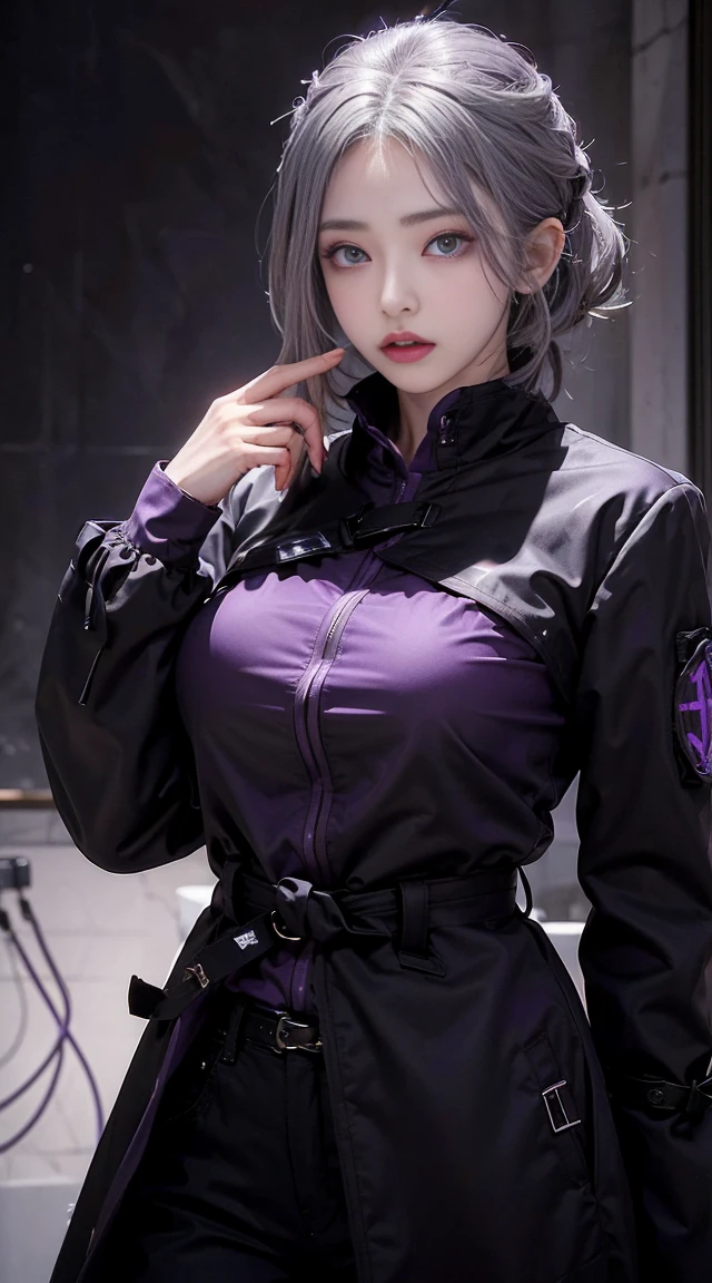 (masterpiece, highest quality:1.2), figure, 8K, HD, 1 girl, alone, (((gray hair, purple eyes, black coat))), big breasts, black pants, short hair, indoors, arles suit, serious expression, expensive, mature, elegant