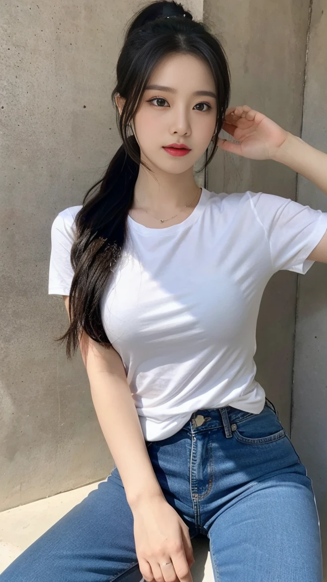 1girl, solo, long_hair, breasts, looking_at_viewer, blue_eyes, shirt, black_hair, hair_ornament, closed_mouth, upper_body, ponytail, short_sleeves, pants, shadow, expressionless, denim, jeans