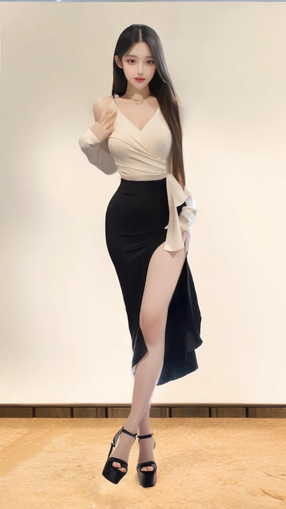There is a woman in a black and white dress posing for a photo, full-body shot片shoot, full-body shot, 24 year old female model, Full body portrait, full body xianxia, Wearing a long flowing skirt, elegant posture, very sexy outfit, full-body shot片, side pose, Stunningly elegant pose, full-body shot片graph, Full body portrait posing