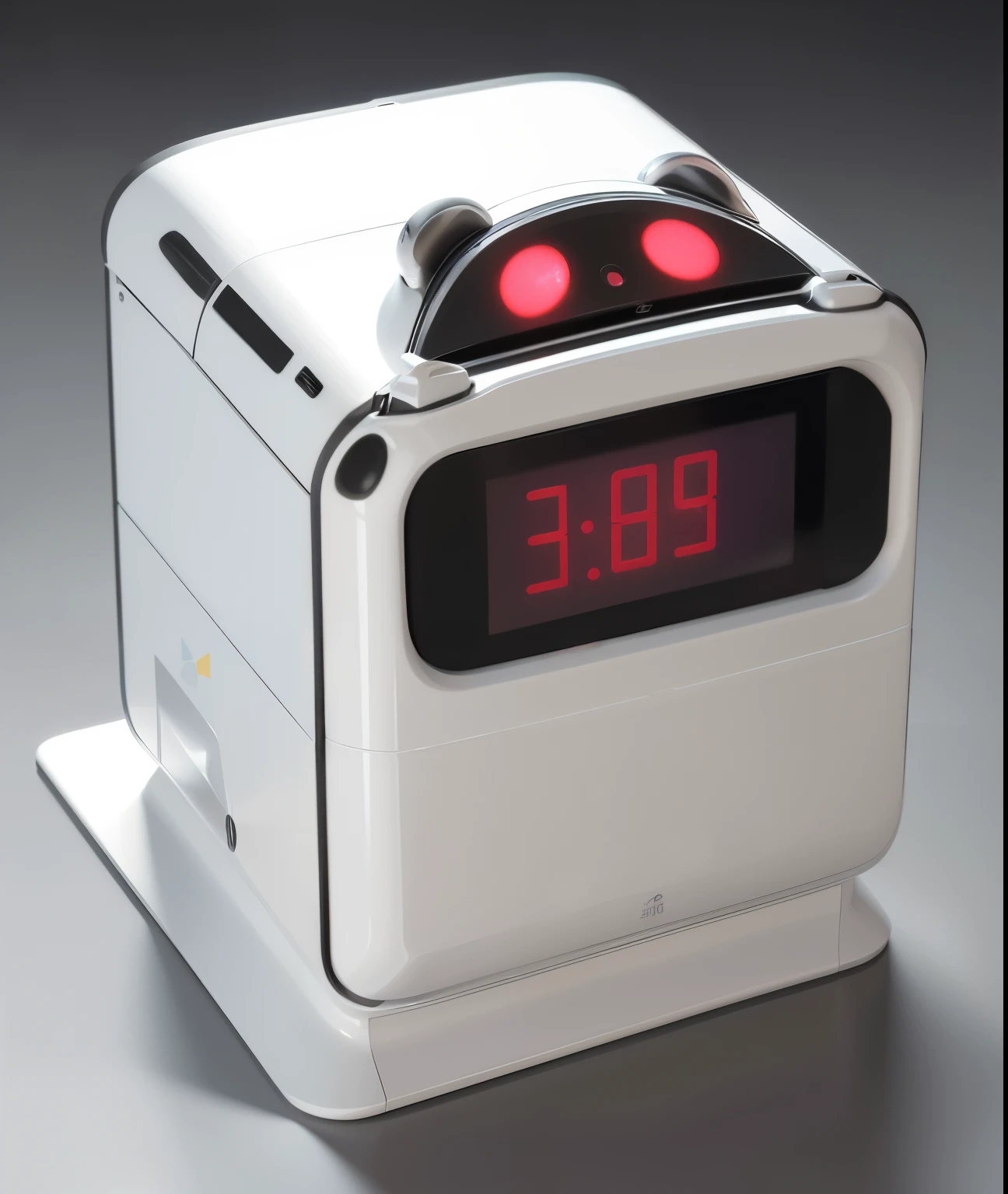 There is a white and black machine on the stand, 尿布处理robot, robot, 光滑的robot, 概念robot, robot设计, r2d2 style toaster, 坑robot, 视图以robot为中心, 友好的robot, adorable 友好的robot, 未来派robot, 安防robot送货, chrome plating, Serve, humanoid servo,3D product rendering, 3D rendering evenly lit, Polaroid Rendering, High resolution rendering, Photorealistic renderings, High resolution rendering, 3d blender rendering, Rendered in key shot there is a panda bear clock on the side of a white box, Official product images
