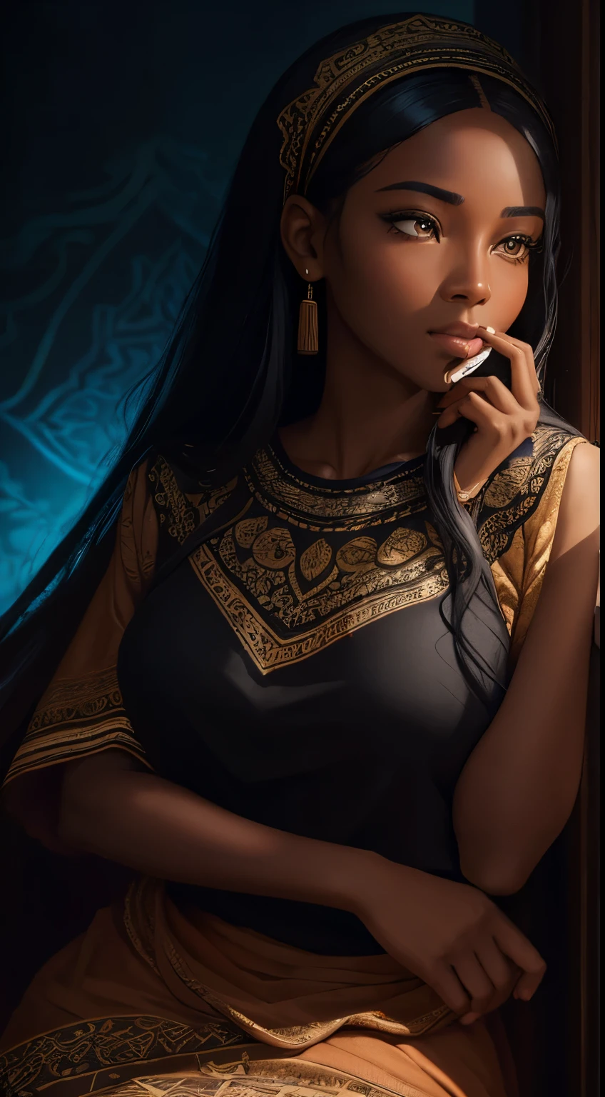 A brief moment of calm, beautiful ethiopian black woman with cinnamon skintone, dark skin, neutral color lace clothing against the vibrant colors of a wall tapestry. Portrait shot with peach and cyan lighting , detailed intricate , in the style of James Jean and Thomas Kincaid , chiaroscuro, wabi sabi art style , obscura, beautiful, masterpiece, behance winning, oil painting, romanticism, drink coffee with, closeup her mouth with cup