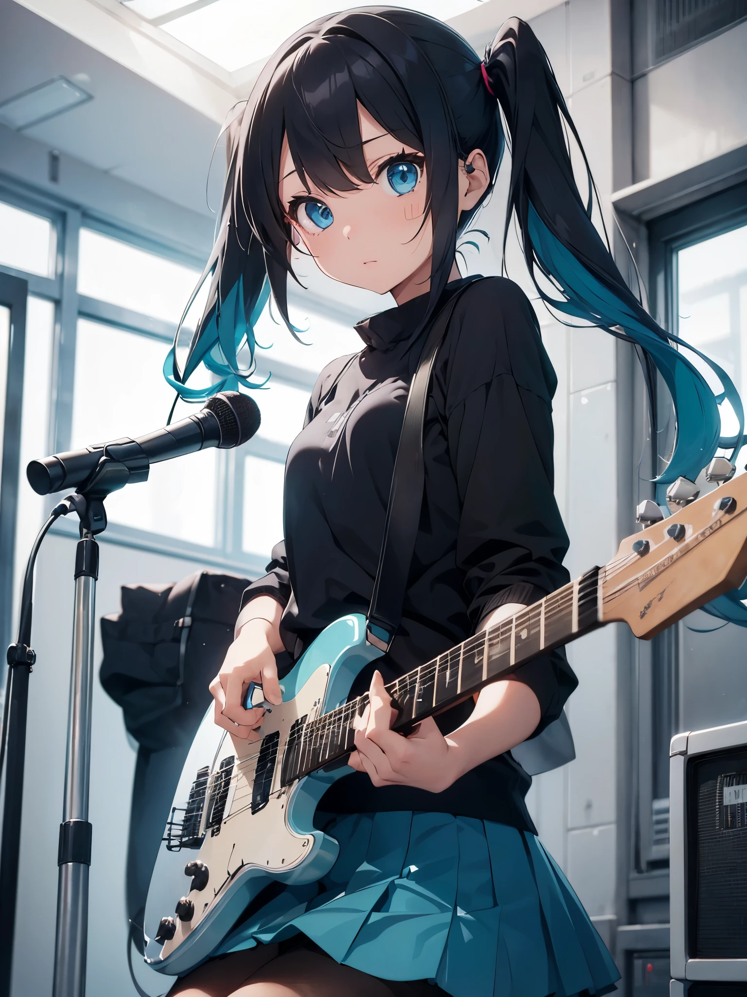 1 girl、solo、black skirt、blue eyes、electric guitars、headphones、holding、Hold Pick、meter、long hair、、music、one side up、teal hair、twin tails、plays the guitar、pleated skirt、black shirt、indoor