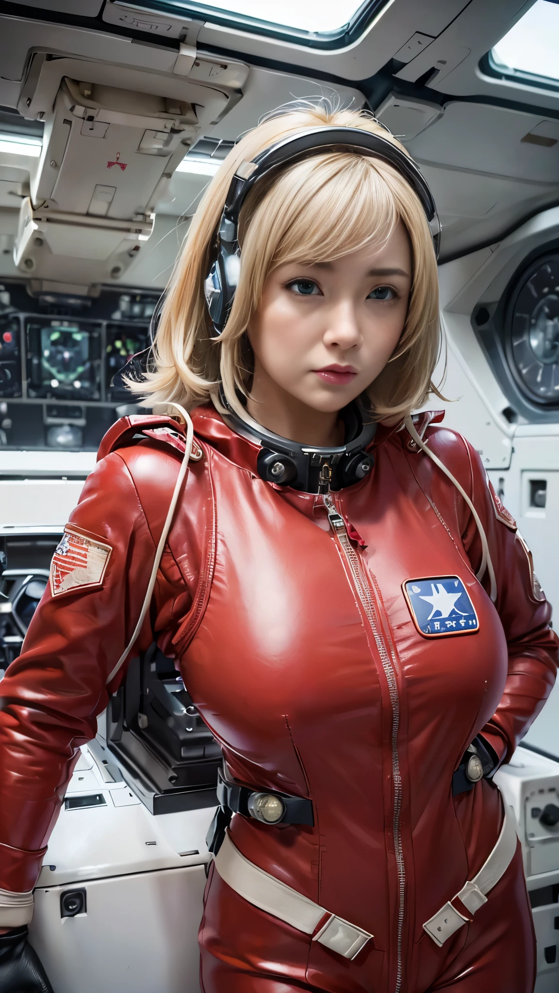 (hyper real)、future female pilots、
Huge Beautiful woman High level image quality High resolution realistic short hair blonde、 blondeの女性、mature woman、middle-aged women、((big big skin texture、超High resolution、realistic、Chubby body type、angry face、beauty of middle age、beautiful expression、Detailed green ironed fluffy hair、Kamimei、Very delicate and delicate skin texture、35A woman piloting a giant space station)、female pilot batlight red lips、((Wear a red flight suit))、(((alone)))、