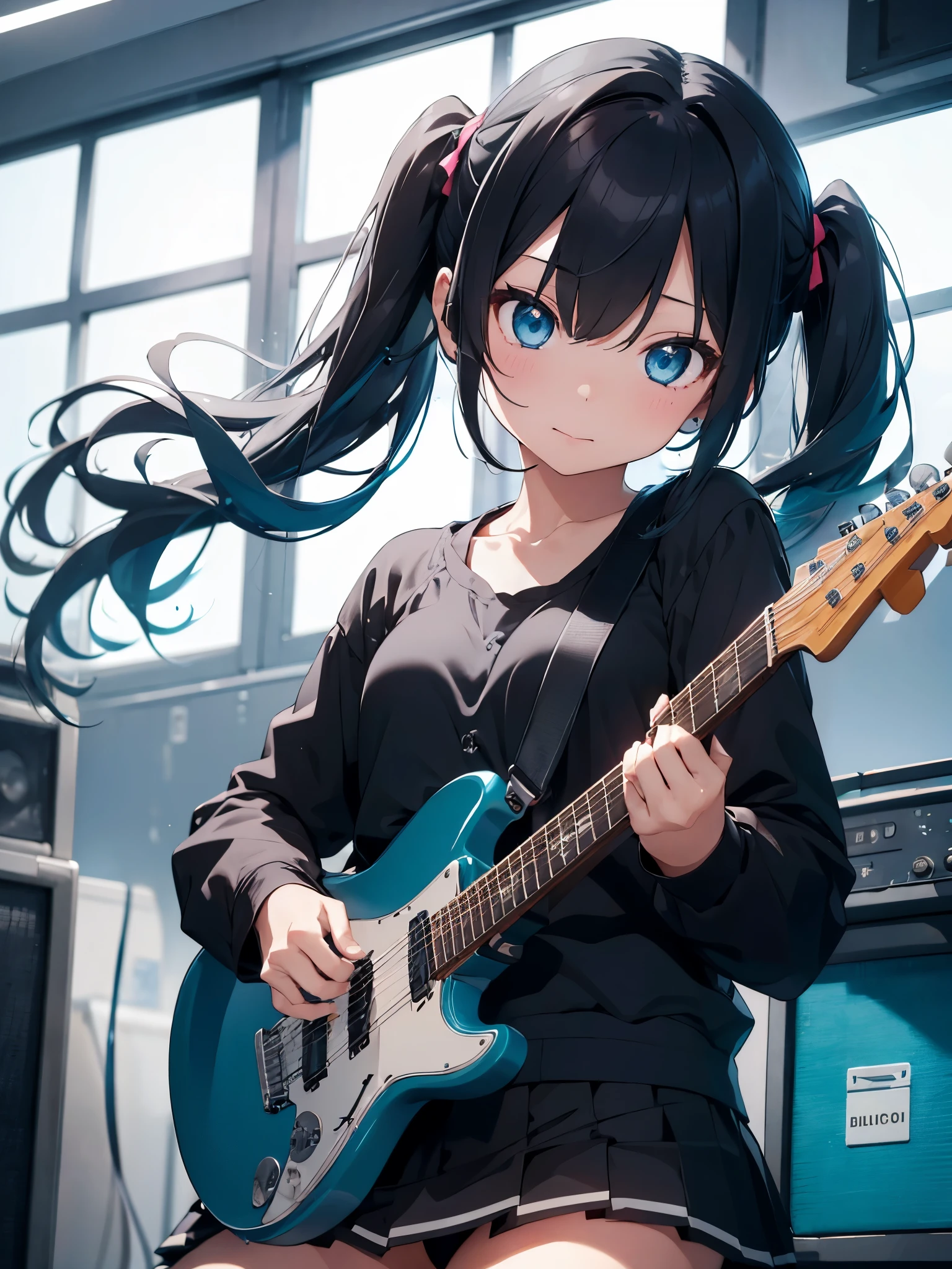 1 girl、solo、black skirt、blue eyes、electric guitars、headphones、holding、Hold Pick、meter、long hair、、music、one side up、teal hair、twin tails、plays the guitar、pleated skirt、black shirt、indoor