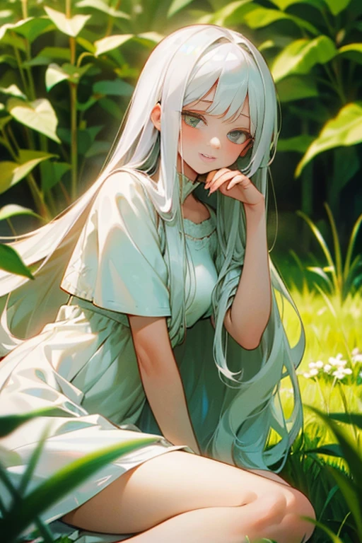 (masterpiece, best quality),1girl with long white hair sitting in a field of green plants and flowers, her hand under her chin, warm lighting, white dress, blurry foreground, PETPEEING PETPEEING PEEING PEE LEG UP PUSSY
