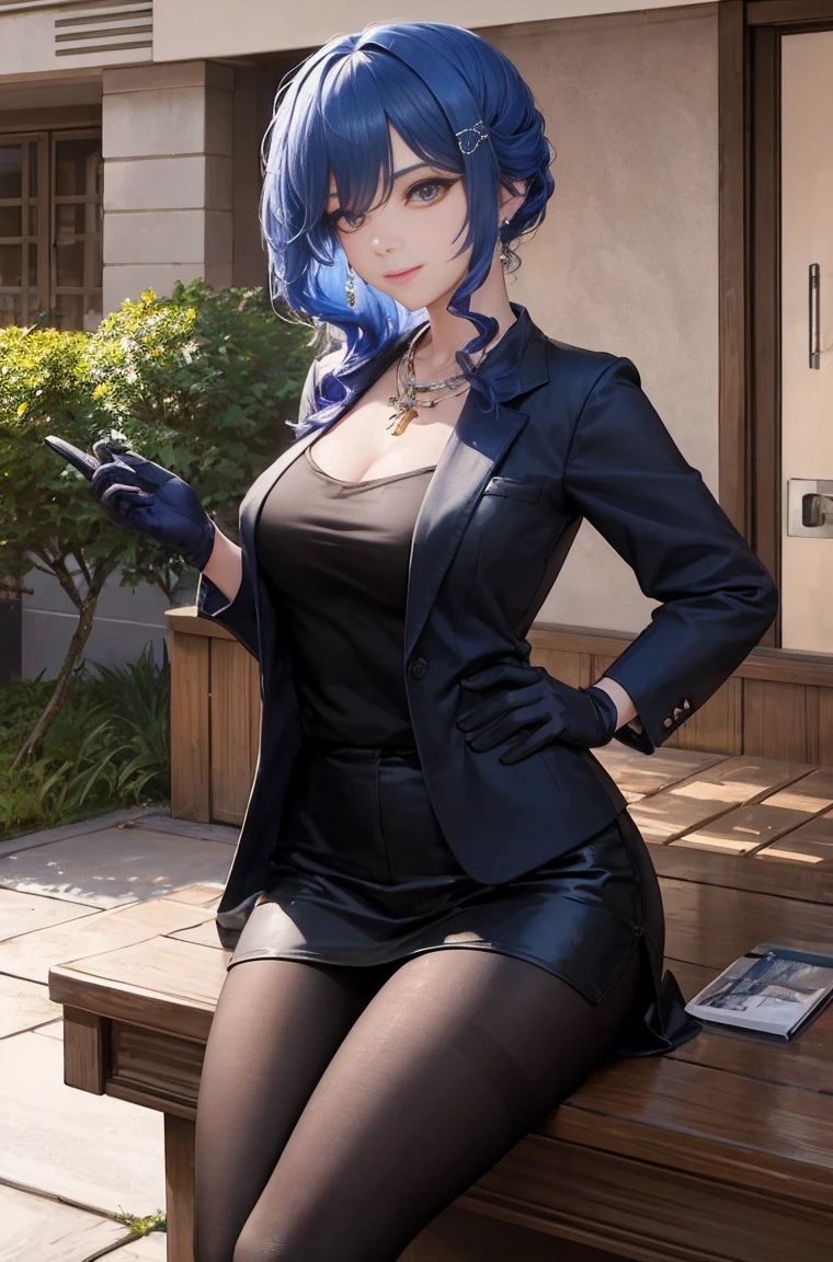 break (table top:1.2), highest quality, High resolution, unity 8k wallpaper, (figure:0.8), (beautiful and fine eyes:1.6), highly detailed face, perfect lighting, Highly detailed CG, (perfect hands, perfect anatomy),masterpiece, highest quality, 1 girl, KafkaV4, shirt, 白のshirt, Jacket, purple hair, long sleeve, Eyewear on the head, sunglasses, Knee-high boots, gloves, thigh boots, pantyhose, standing, closed your mouth, laughter, looking at the viewer,outside the house、outdoor、