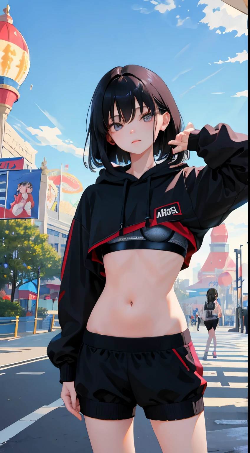 (short cute girl, young studeg delicate girl),(masterpiece,Top quality),Big hoodie,sports bra,long black hair,amusement park