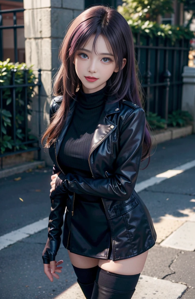 break (table top:1.2), highest quality, High resolution, unity 8k wallpaper, (figure:0.8), (beautiful and fine eyes:1.6), highly detailed face, perfect lighting, Highly detailed CG, (perfect hands, perfect anatomy),masterpiece, highest quality, 1 girl, KafkaV4, shirt, 白のshirt, Jacket, purple hair, long sleeve, Eyewear on the head, sunglasses, Knee-high boots, gloves, thigh boots, pantyhose, standing, closed your mouth, laughter, looking at the viewer,outside the house、outdoor、