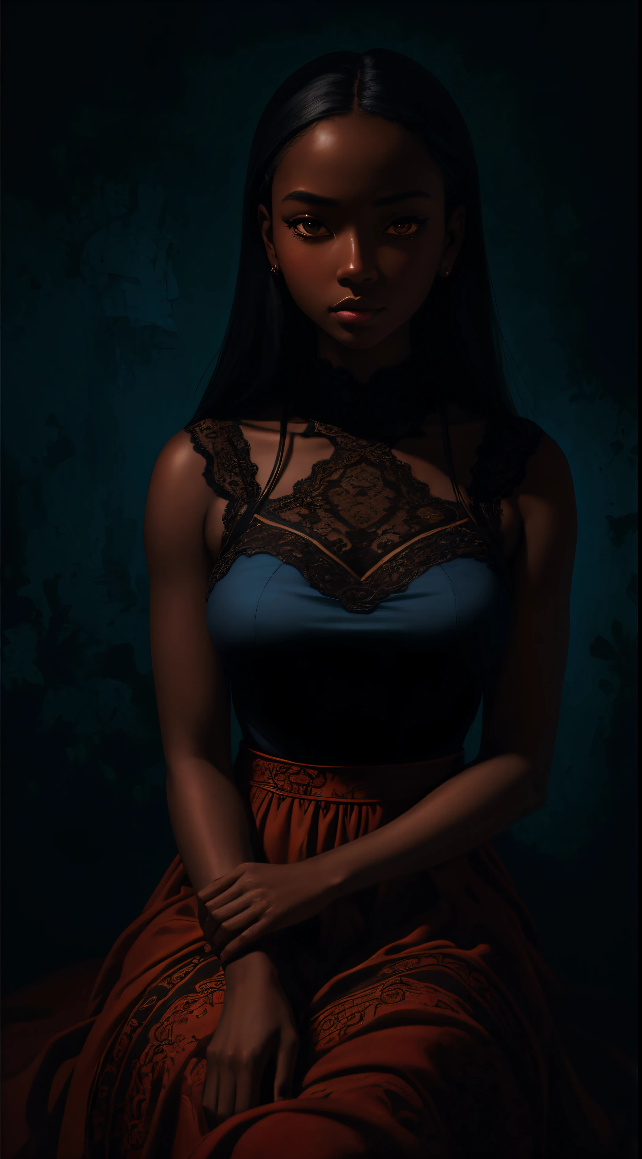 A brief moment of calm, {beautiful black woman with cinnamon skintone, dark skin 1:3}, big realistic eyes, elegant neutral color lace dress, juxtaposed against the vibrant colors of a wabi sabi aesthetic wall tapestry in the background. Colors of vibrant bright peachy coral and deep cyan blue, sof highlighting, detailed, intricate , in the style of James Jean and Thomas Kincaid , chiaroscuro, beautiful, masterpiece, behance award winning, oil painting, romanticism, best quality