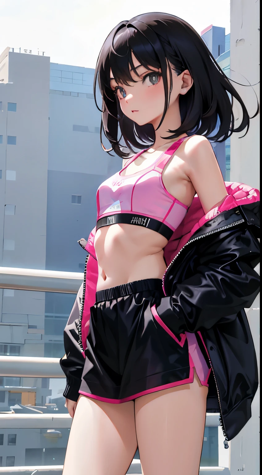 (short cute girl， young studeg delicate girl）,（masterpiece，Top quality)，Big hoodie，pink sports bra，long black hair，amusement park