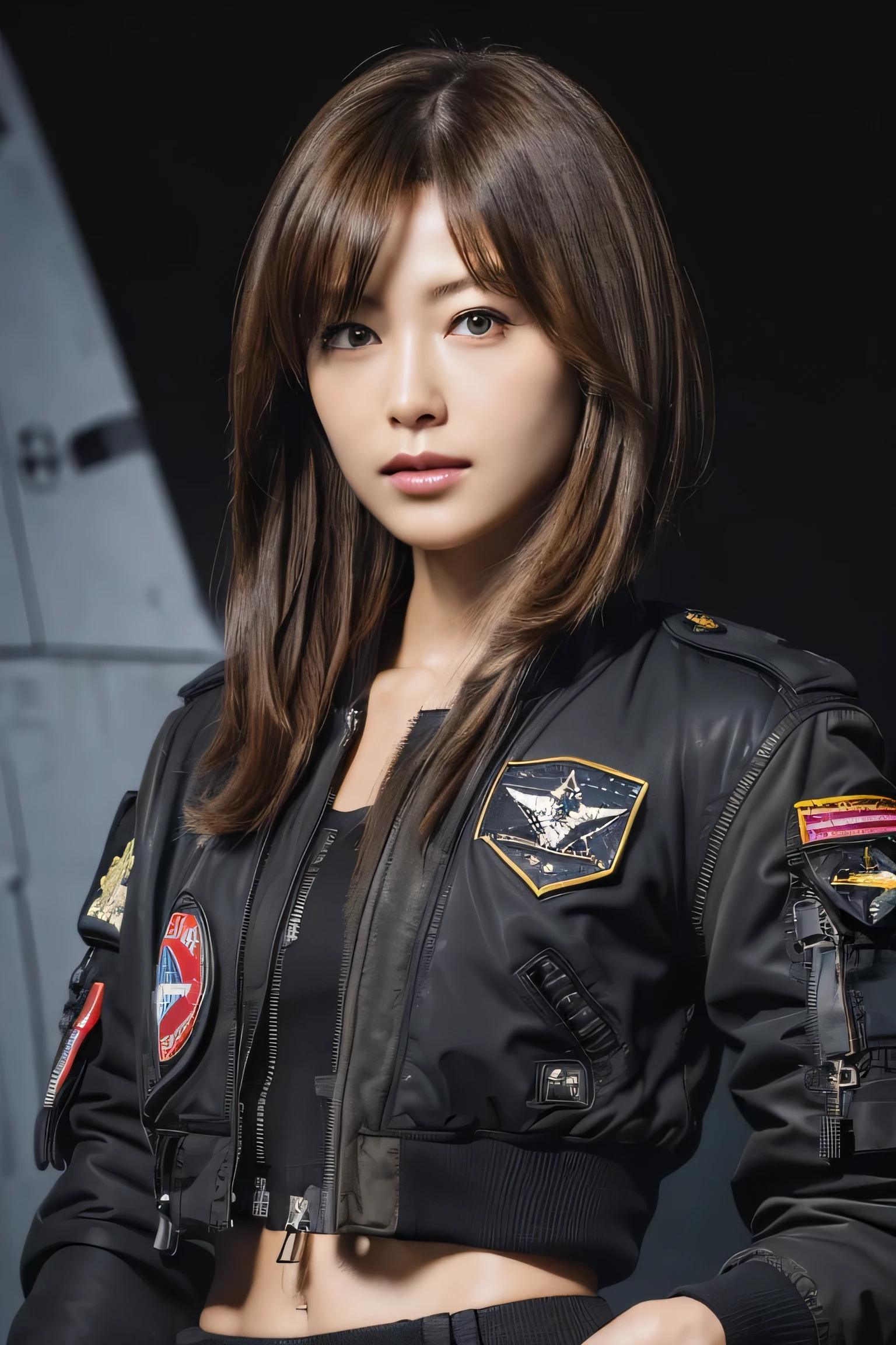 (masterpiece:1.2), Super detailed, ultra high resolution, (realistic, photo realistic:1.37), High-definition RAW color photos, professional photos, highly detailed face, very fine eyes, highly detailed skin, very fine fingers, highly detailed nose, highly detailed mouth, perfect anatomy, highly detailed background, (famous japanese actress:1.2), (Improve:1.25), flat chest, brown race, black skin, blonde hair, Very short cut hair, (Wearing a black air bomber jacket with many patches, cargo pants:1.3), (Fighter cockpit:1.6), (NSFW:1.2),