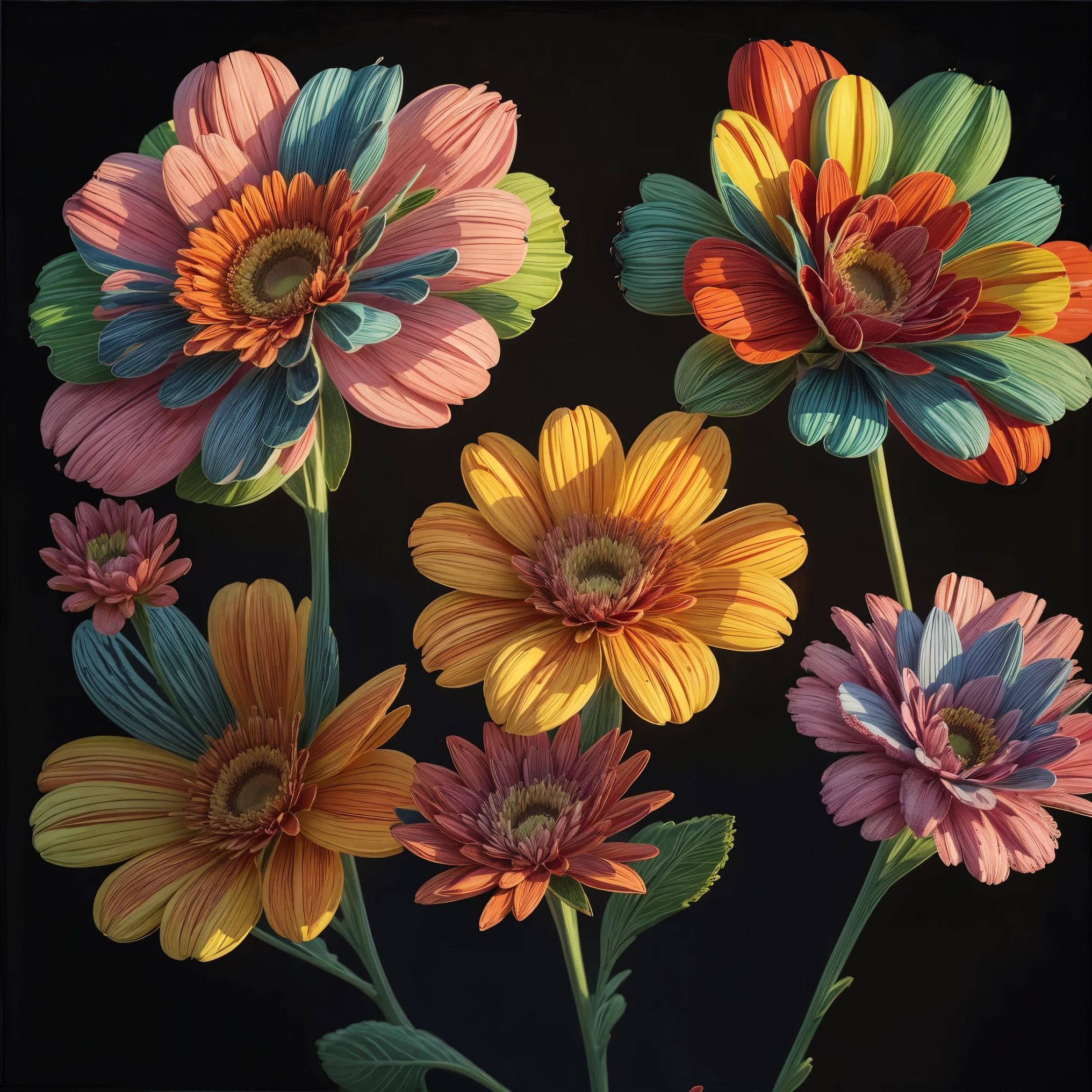 2D flowers pattern. full of colors. many of different flowers.
