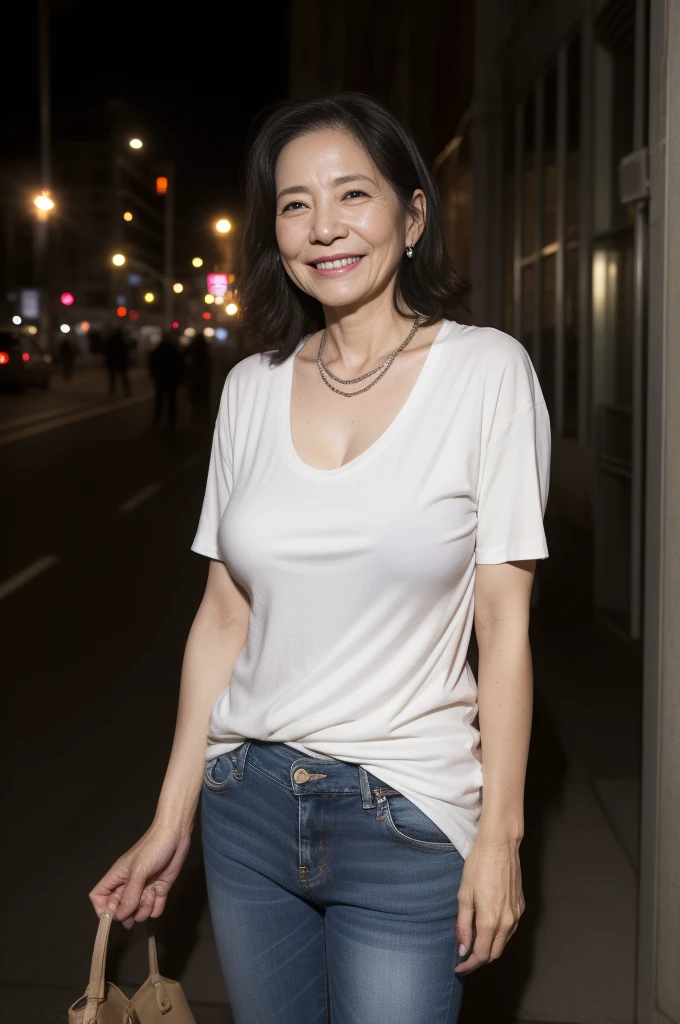 masterpiece, best quality, 16K, city, old woman, happy, smiling, standing, looking at viewer, front view, long hair, wave hair, black hair, eyes open, (large breasts:1.32), (wrinkles corners eyes:1.48), (nasolabial:1.48), (old skin:1.48), pale skin, freckled skin, wrinkles skin, (old muscles:1.2), plump, ((khaki parka)), (white t-shirt), (jeans), piercing, necklace, boots, 50-year-old, old, elderly, japanese, outside, in the city, at night, real person, ultra realistic photo, nsfw, full body shot, front view