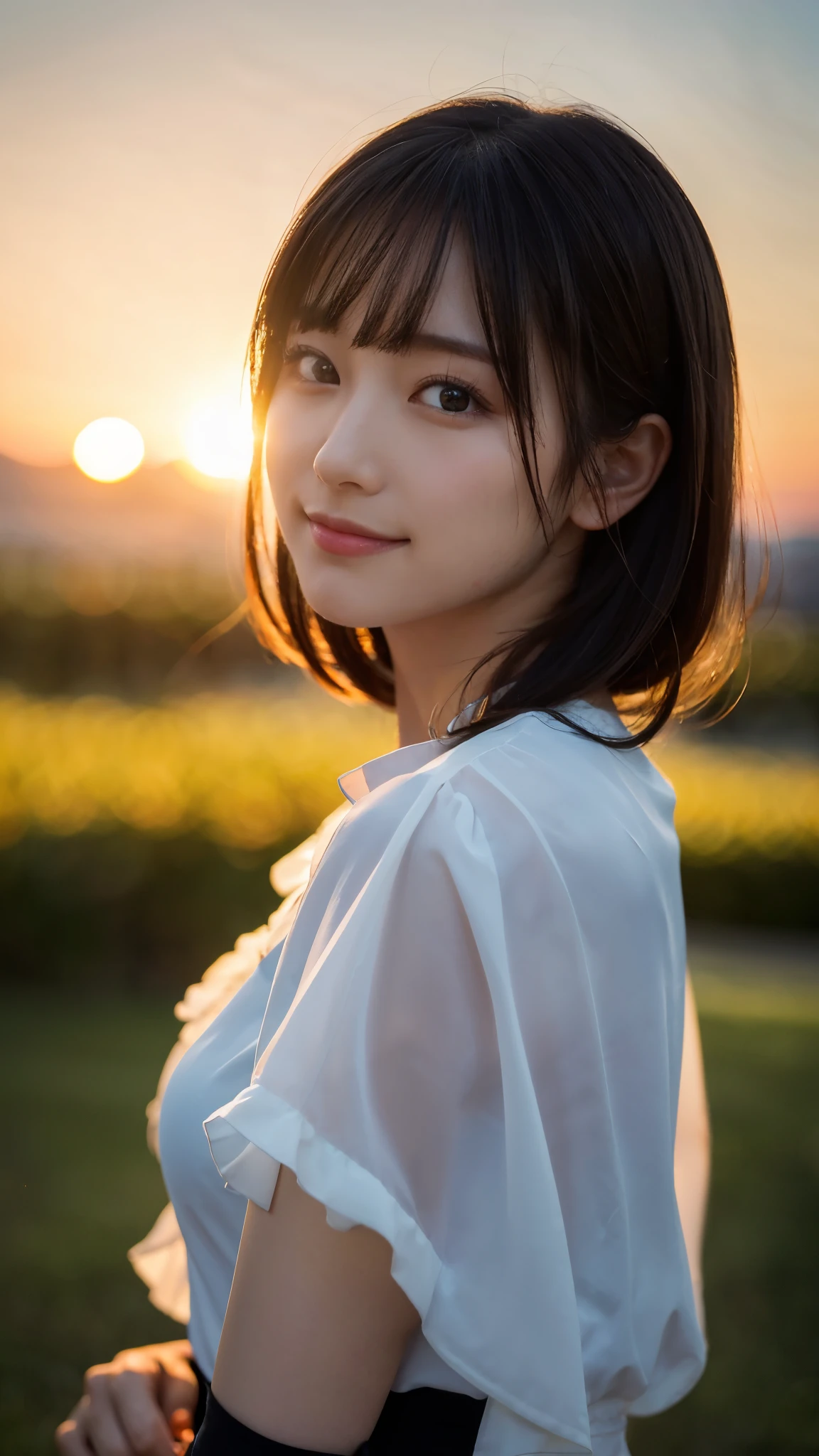 (highest quality,masterpiece:1.3,ultra high resolution),(Super detailed,caustics,8k),(photorealistic:1.4,RAW shooting),[lora:siitake-eye:0.5],(High Position:1.1),(high angle:1.1),(side shot:1.1),(Landscape),(profile),Japanese,28 years old,cute,smile,(Black hair fluttering in the wind:1.2),Middle hair,(big ),white blouse,(face focus),(Face close-up),(bust up shot),(sunset sky),soft light,Natural light,professional writing,Lens flare