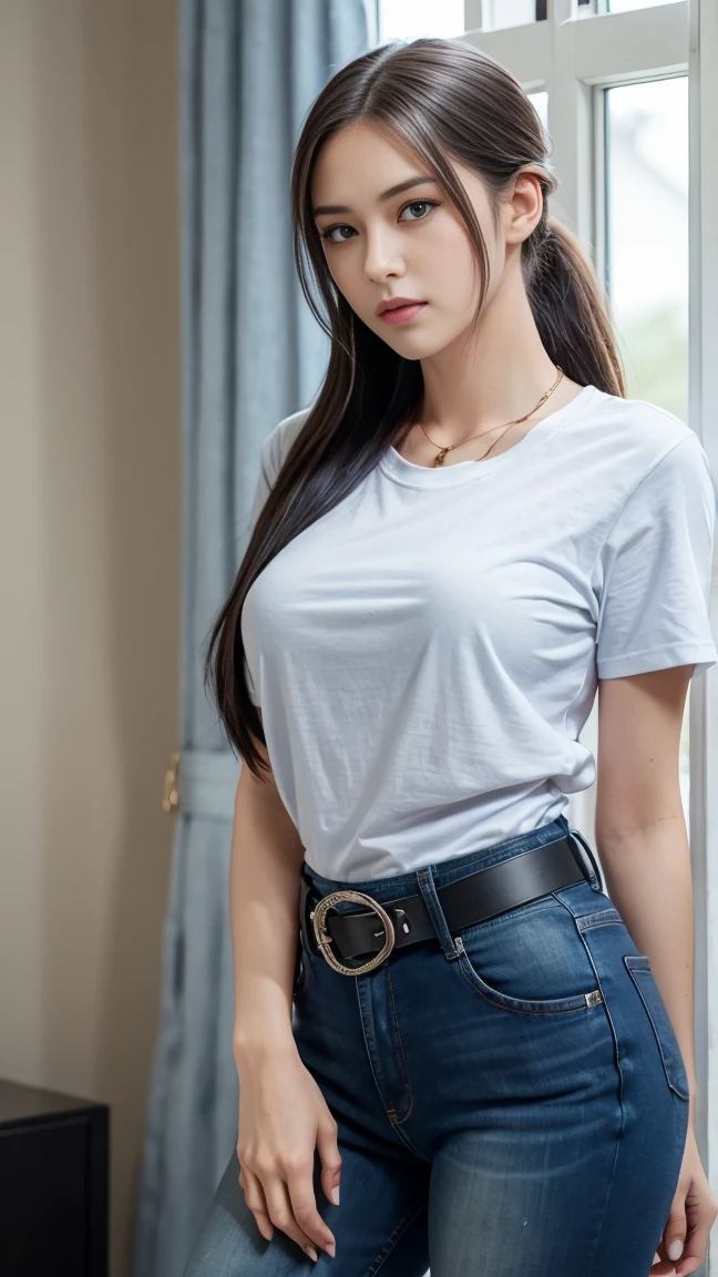 1girl, solo, long_hair, breasts, blue_eyes, large_breasts, shirt, black_hair, hair_ornament, jewelry, closed_mouth, upper_body, ponytail, short_sleeves, belt, pants, black_shirt, window, denim, curtains, jeans, shirt_tucked_in, white_belt