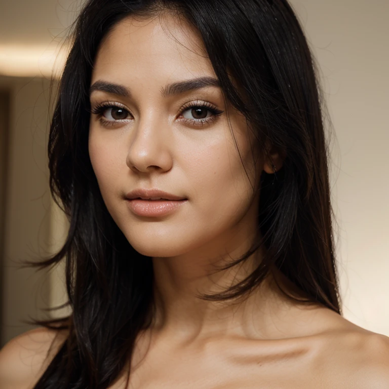a black hair girl with cat eyes , the defined face with the jawline and beautiful skin