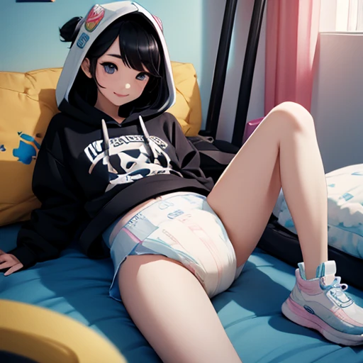 cute kpop girl, pee diaper, wet diaper, hoodie, smile, long hair, black hair, playground, realistic, 3d, photorealistic, 3d render, real