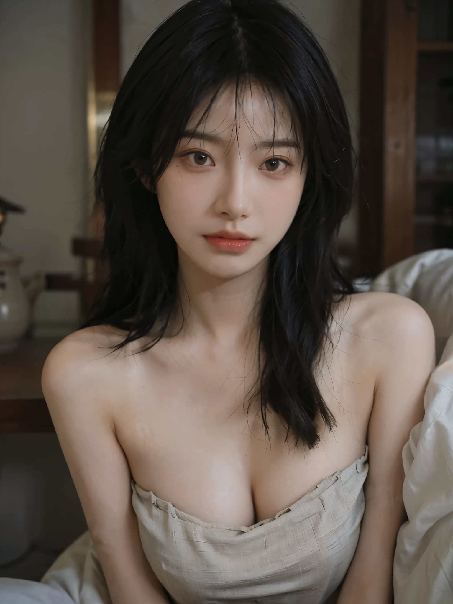 Film portrait photography, 1 girl, bare shoulders, Shoulder length wavy hair, serene, calm, (Realistic and detailed eyes, natural skin texture, Realistic facial details), Soft dramatic lighting, depth of field, Bokeh,cleavage, Vibrant details, Detailed and detailed, Surrealism, 35mm film, hazy, ,