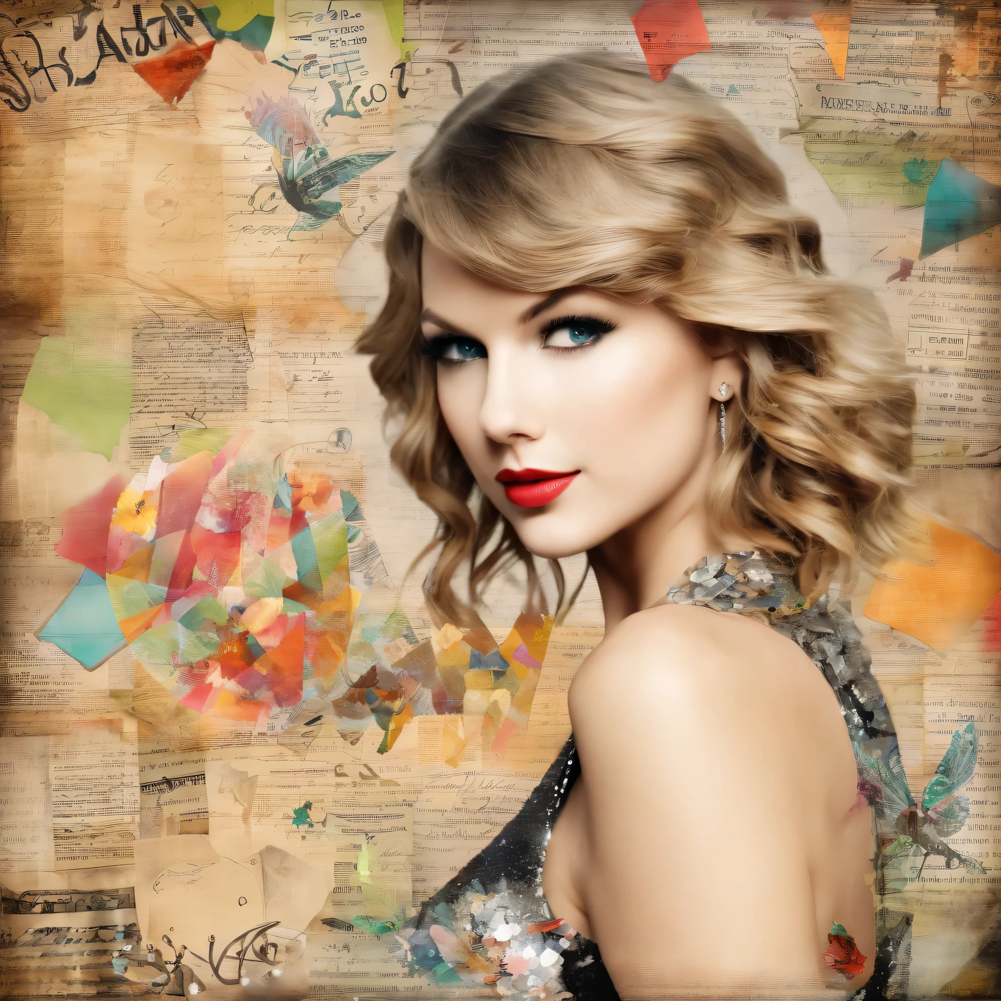Beautiful girl ,taylor swift, old photo, large image, dynamic mid-shot party ball, songs (highres, best quality:1.2), radiance, soft contours, details stickers stuck. cute