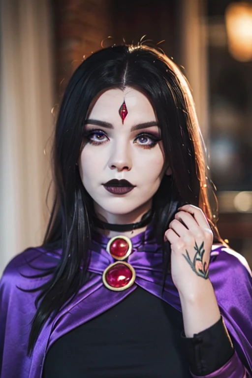 (Best Quality, 8k, Masterpiece, UHD), (Photo of Attractive Caucasian Gothic model Woman with tattoos), solo 1Girl as Raven, ((gemstone on forehead)), heavy makeup ,  cape, choker,very pale skin,Ultra Detailed Face, Detailed Lips, Fine Eyes, black lipstick, Fine Eyes