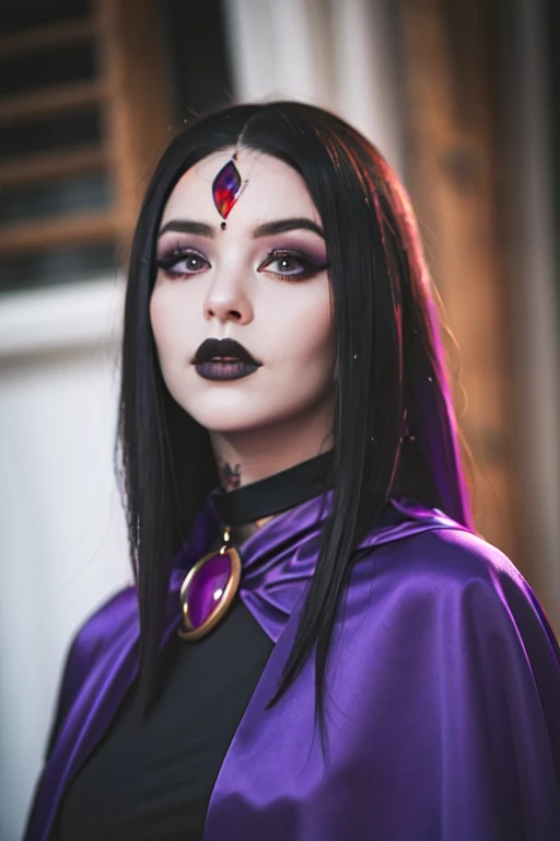 (Best Quality, 8k, Masterpiece, UHD), (Photo of Attractive Caucasian Gothic model Woman with tattoos), solo 1Girl as Raven, ((gemstone on forehead)), heavy makeup ,  cape, choker,very pale skin,Ultra Detailed Face, Detailed Lips, Fine Eyes, black lipstick, Fine Eyes