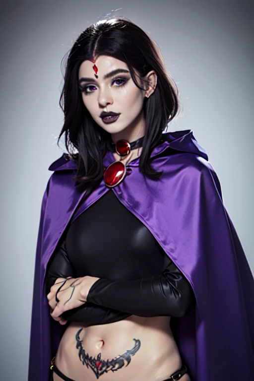 (Best Quality, 8k, Masterpiece, UHD), (Photo of Attractive Caucasian Gothic model Woman with tattoos), solo 1Girl as Raven, ((gemstone on forehead)), heavy makeup ,  cape, choker,very pale skin,Ultra Detailed Face, Detailed Lips, Fine Eyes, black lipstick, Fine Eyes