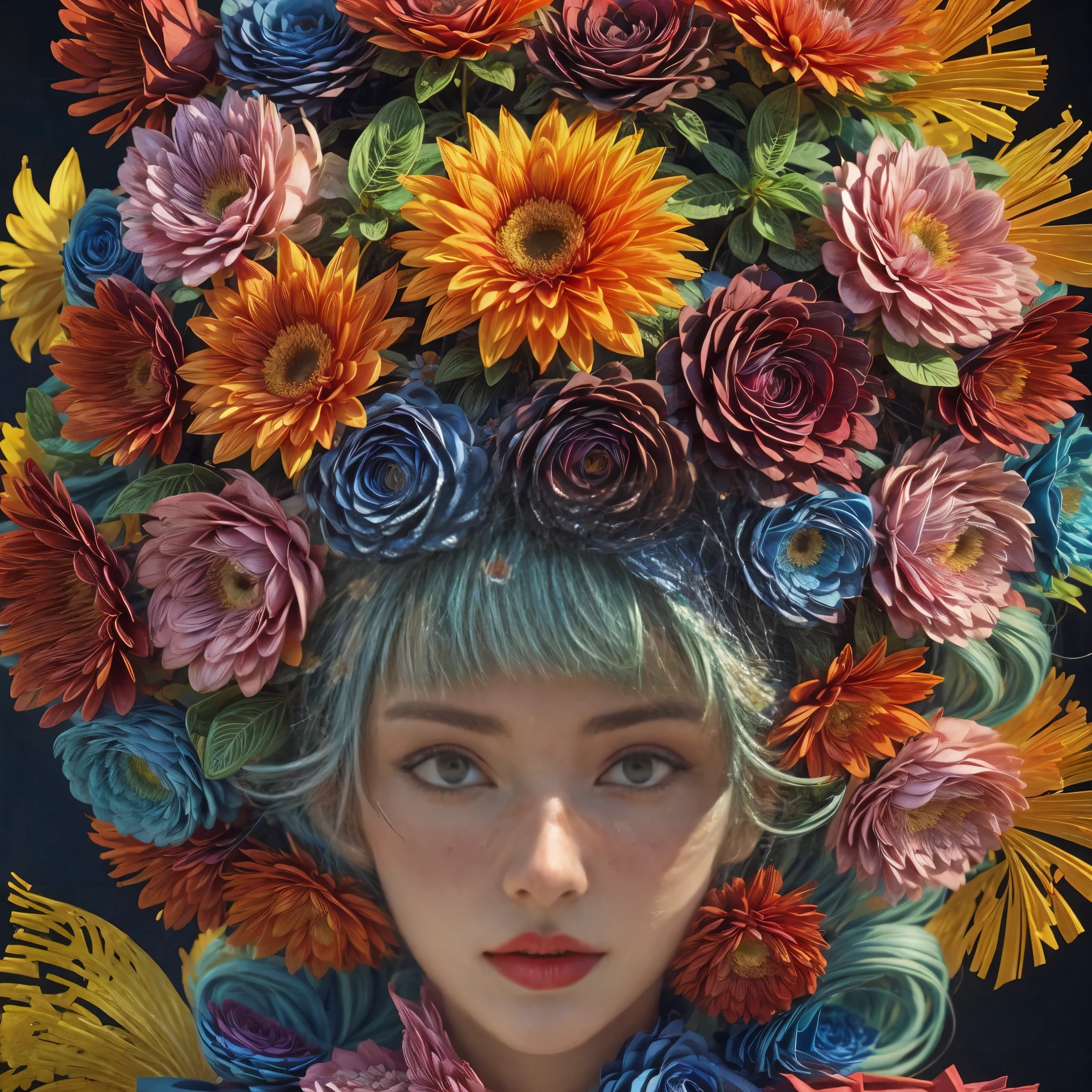 Extreme Close-up, third-person view, abstract flowers and sunshine, Styled by yayoi Kusama, 2003, 3-dimensional, surreal