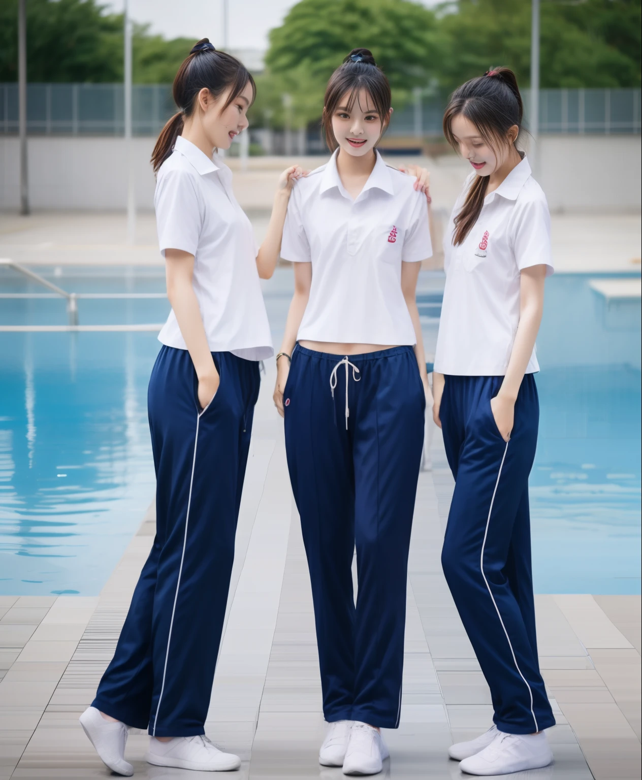 3 girls in the swimming pool, Navy blue short-sleeved shirt,Navy Long Trackpant,Sweatpants, Sweatpantsขายาว,25 year old girl, lesbian, sexy, exercise clothes, wet body, exercise clothes