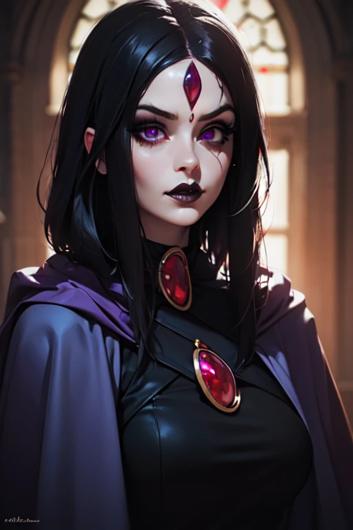 (Best Quality, 8k, Masterpiece, UHD), (Photo of Attractive Caucasian Gothic model Woman with tattoos), solo 1Girl as Raven, ((gemstone on forehead)), heavy makeup , cape, choker,very pale skin,Ultra Detailed Face, Detailed Lips, Fine Eyes, black lipstick, Fine Eyes