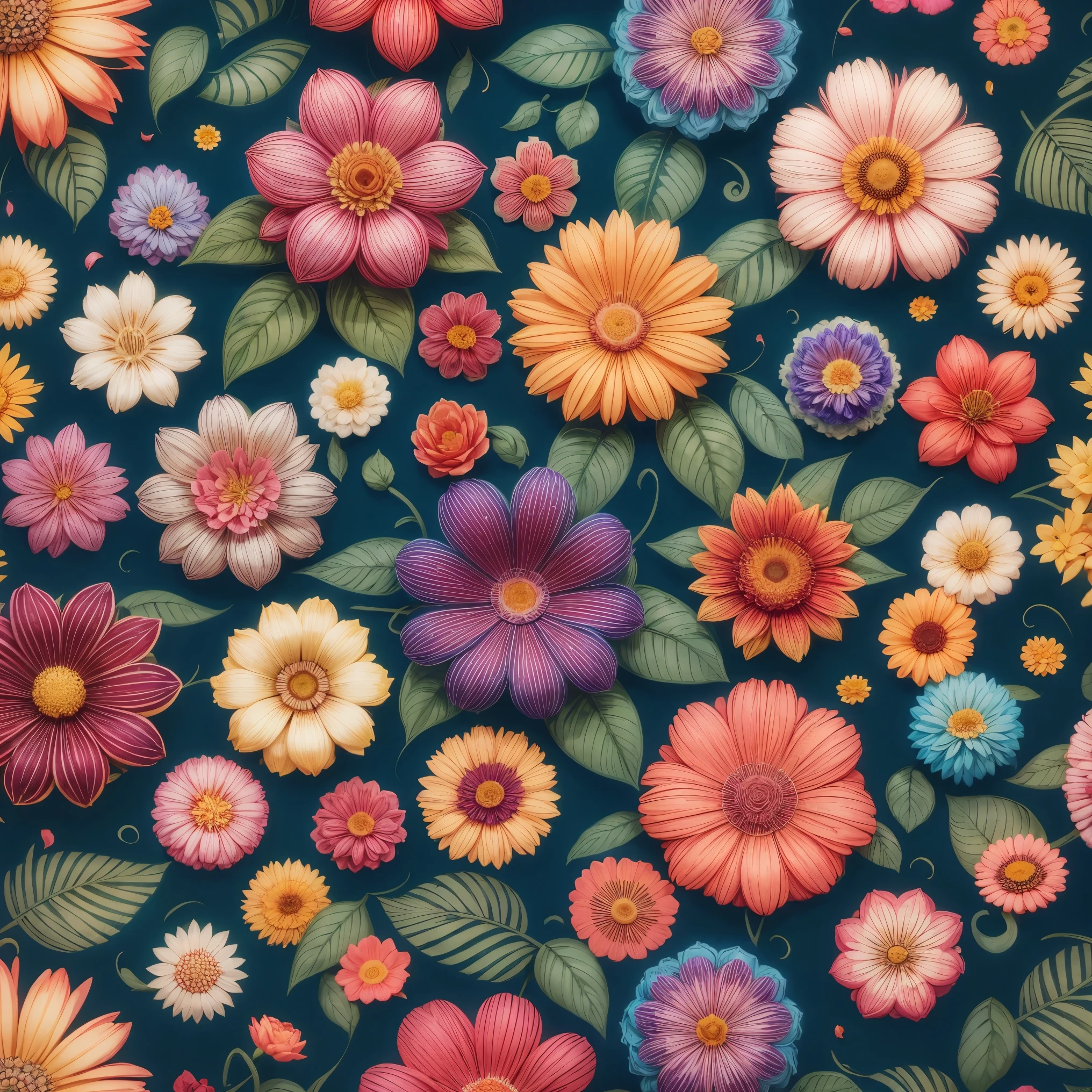 2D flowers pattern. full of colors. many of different flowers.