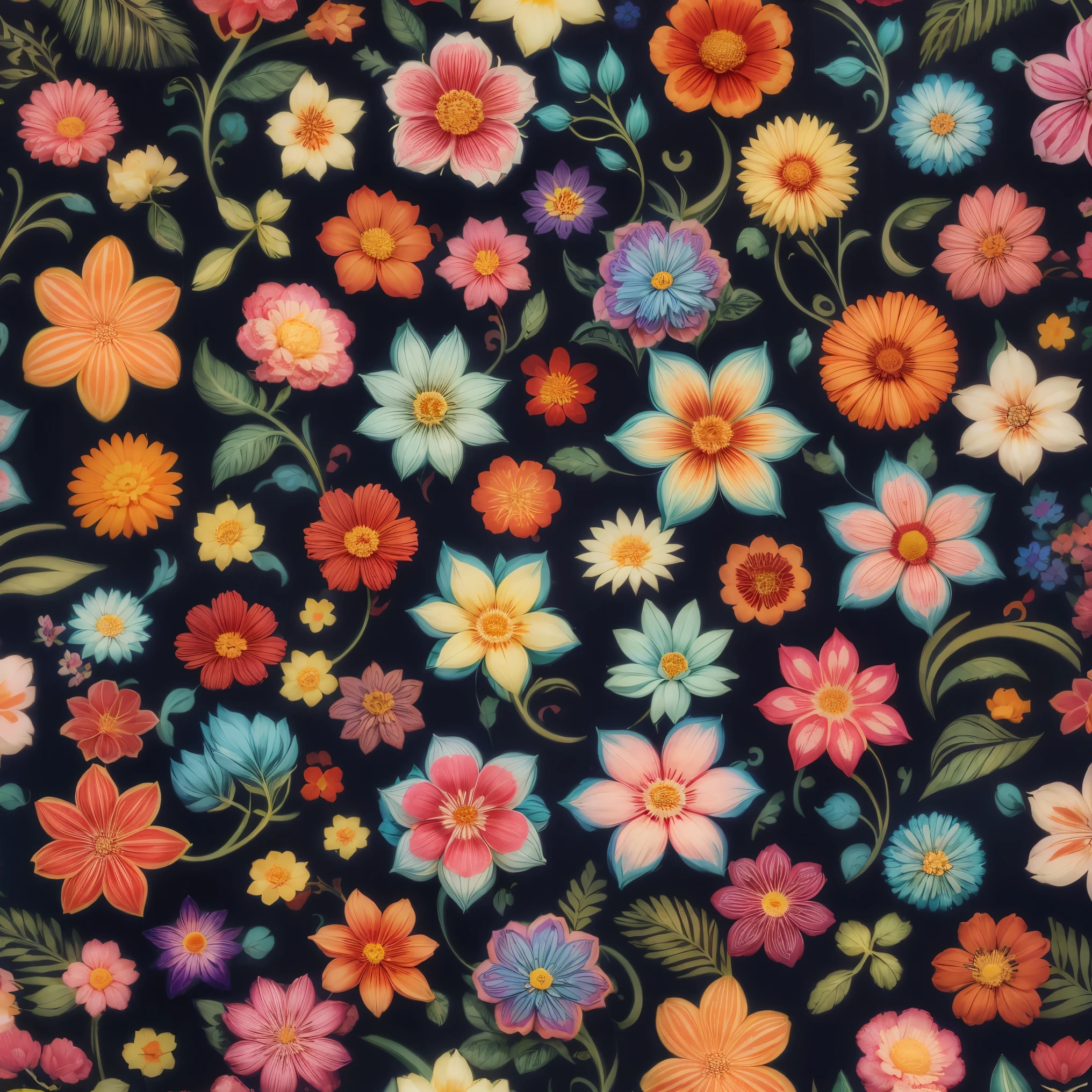 2D flowers pattern. full of colors. many of different flowers.