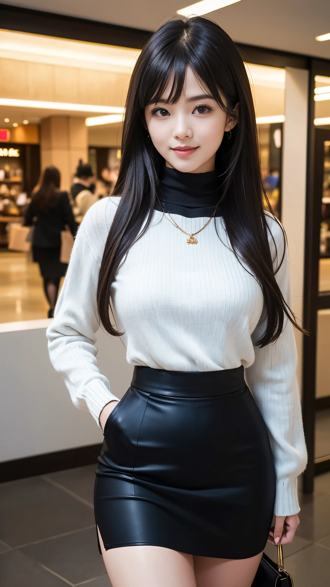 (Best Quality, Masterpiece, Photo realistic, Ultra Detailed, ultra high res, raw:1.3), 1woman, beautiful, Japanese, mature, 28yo, tight knit, (turtle neck, pencil skirt), smile, long hair, bangs, high-waist, necklace, shopping mall, cowboy shot, good thigh,