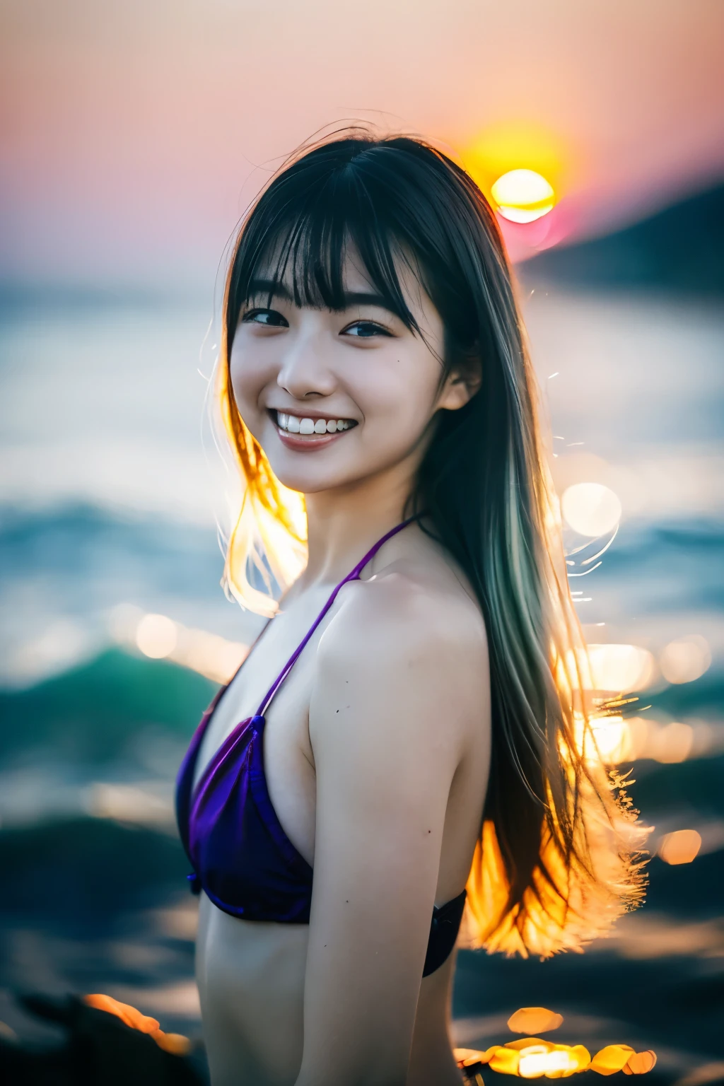 8K, (Surrealistic: 1.35), (realistic: 1.4), 1 Beautiful Japan Girls, smile, One, light makeup, masterpiece, excellent quality, high quality,  (((green-gray hair)))、puberty, (((super micro bikini)))、 ((perfect body)), ((best image quality)), ((time)), ((very delicate and beautiful)), ((Very shallow depth of field)), nffsw, ((incredibly shallow depth of field. familiar with)), (((very delicate and beautiful))), (((Very shallow depth of field))), nffsw, (((incredibly absurd))), (((perfect body))), (((dyes hair blonde )))), (((long hair)))), (((Camera Eye))), (((small))), (((幸せな最高のsmile))), poor, Own + background, dynamic angle, female focus, {particles of light}, detailed background, ((paul hedley)), soft lighting, (dramatic) sunset), sunset, very beautiful sunset, live action, realistic, top angle, かわいいsmile, (background blur), 18-year-old, skinny, ((Wind)), ((movement ))), ((emotion)), ((colorful)), ((baby face)), ((beautiful teeth)), Withering, ocean background、
