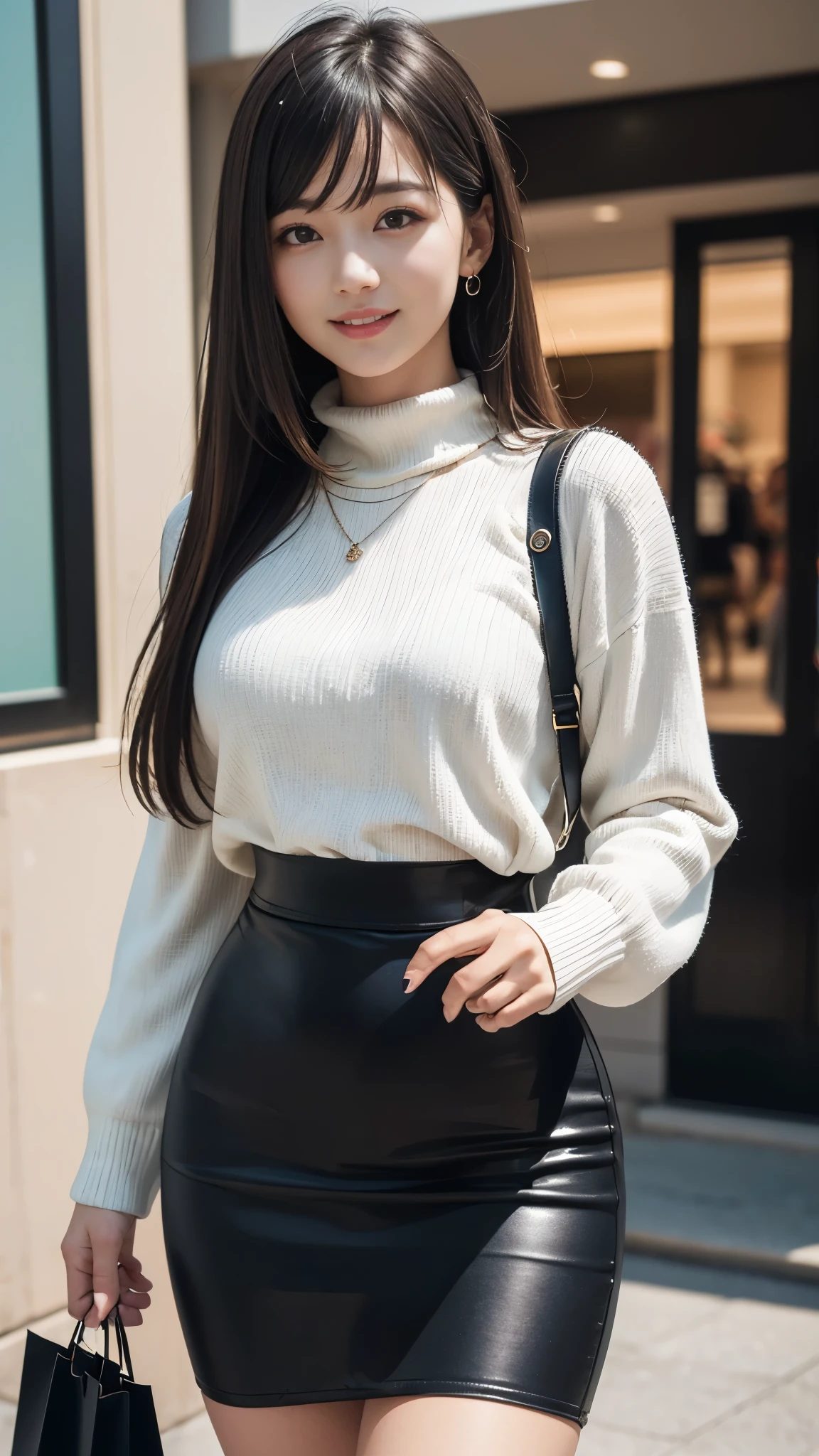 (Best Quality, Masterpiece, Photo realistic, Ultra Detailed, ultra high res, raw:1.3), 1woman, beautiful, Japanese, mature, 28yo, tight knit, (turtle neck, pencil skirt), smile, long hair, bangs, high-waist, necklace, shopping mall, cowboy shot, good thigh,